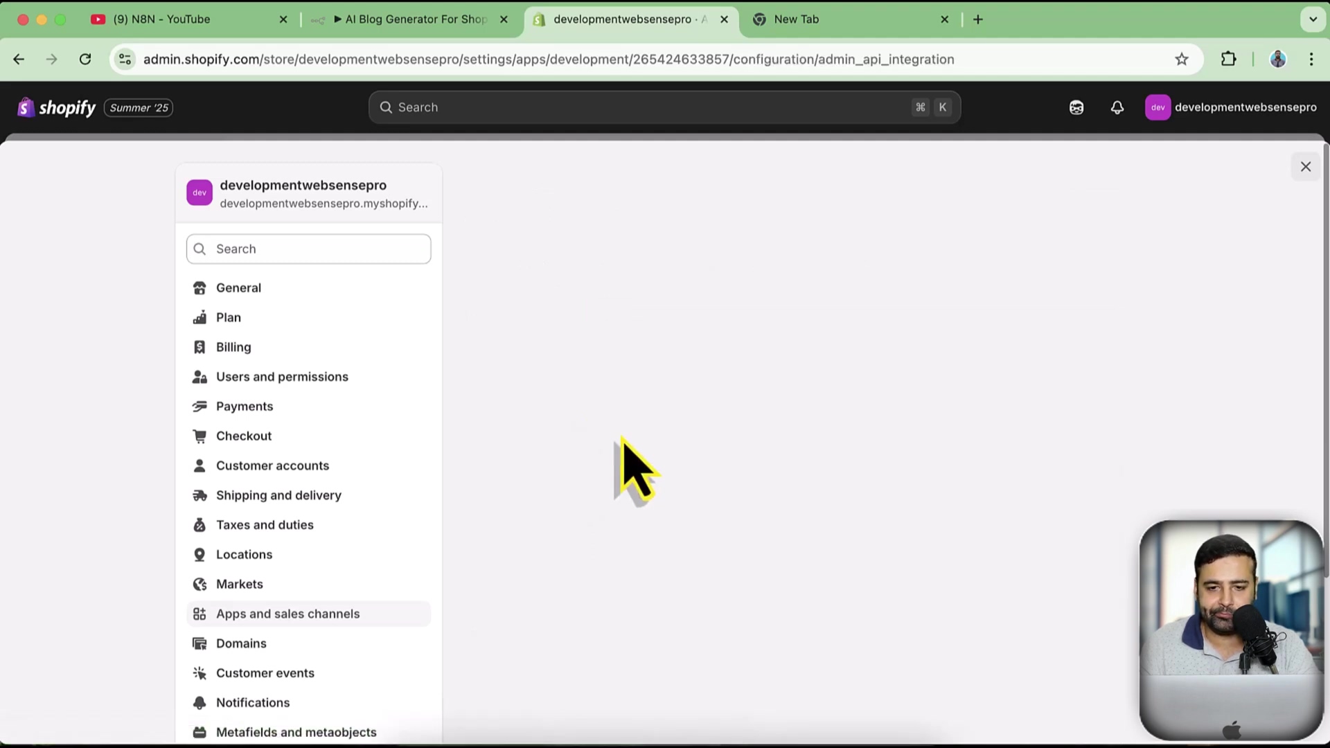 Shopify admin API credentials development settings