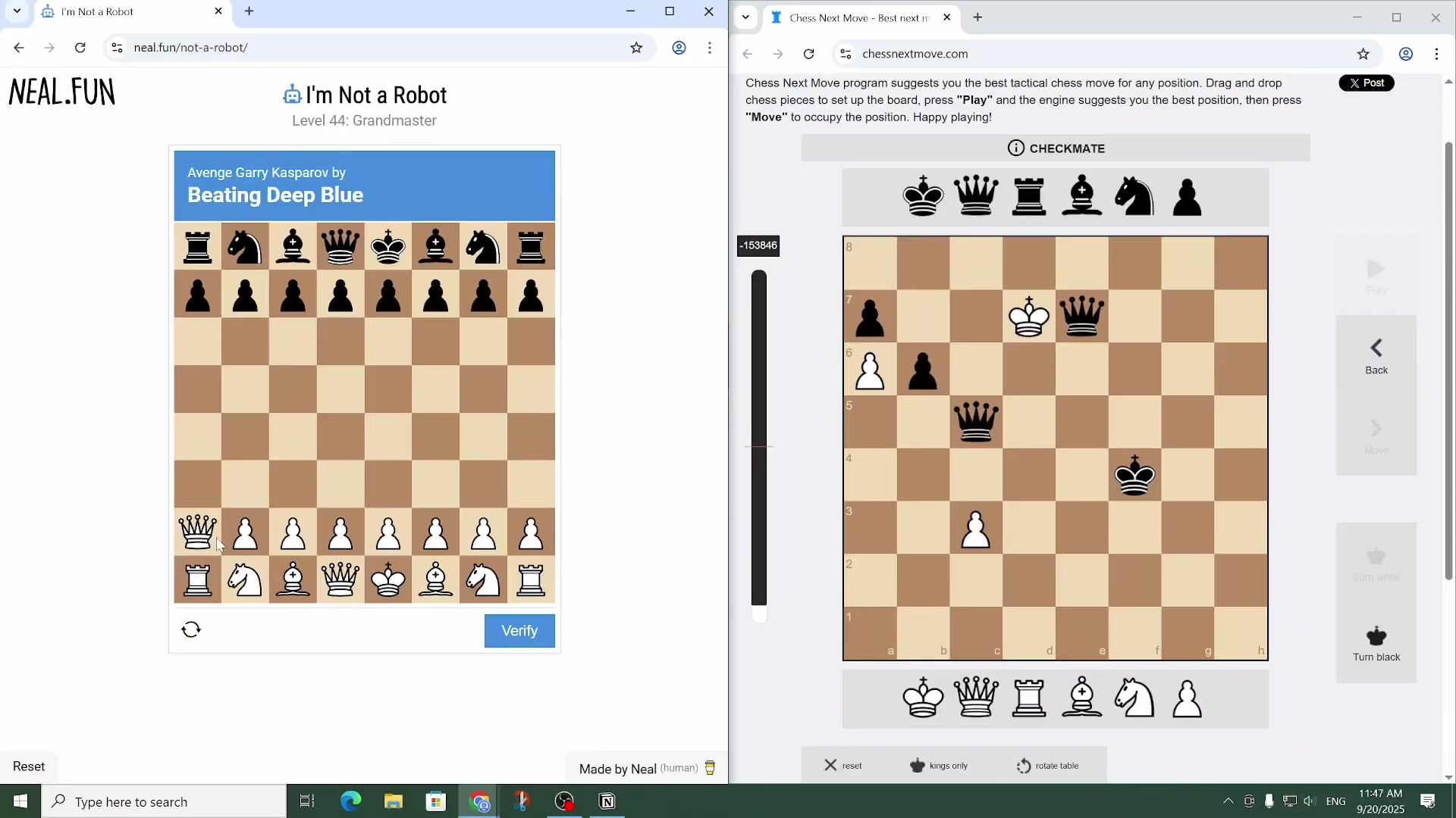Split-screen of game and solver showing checkmate detected w