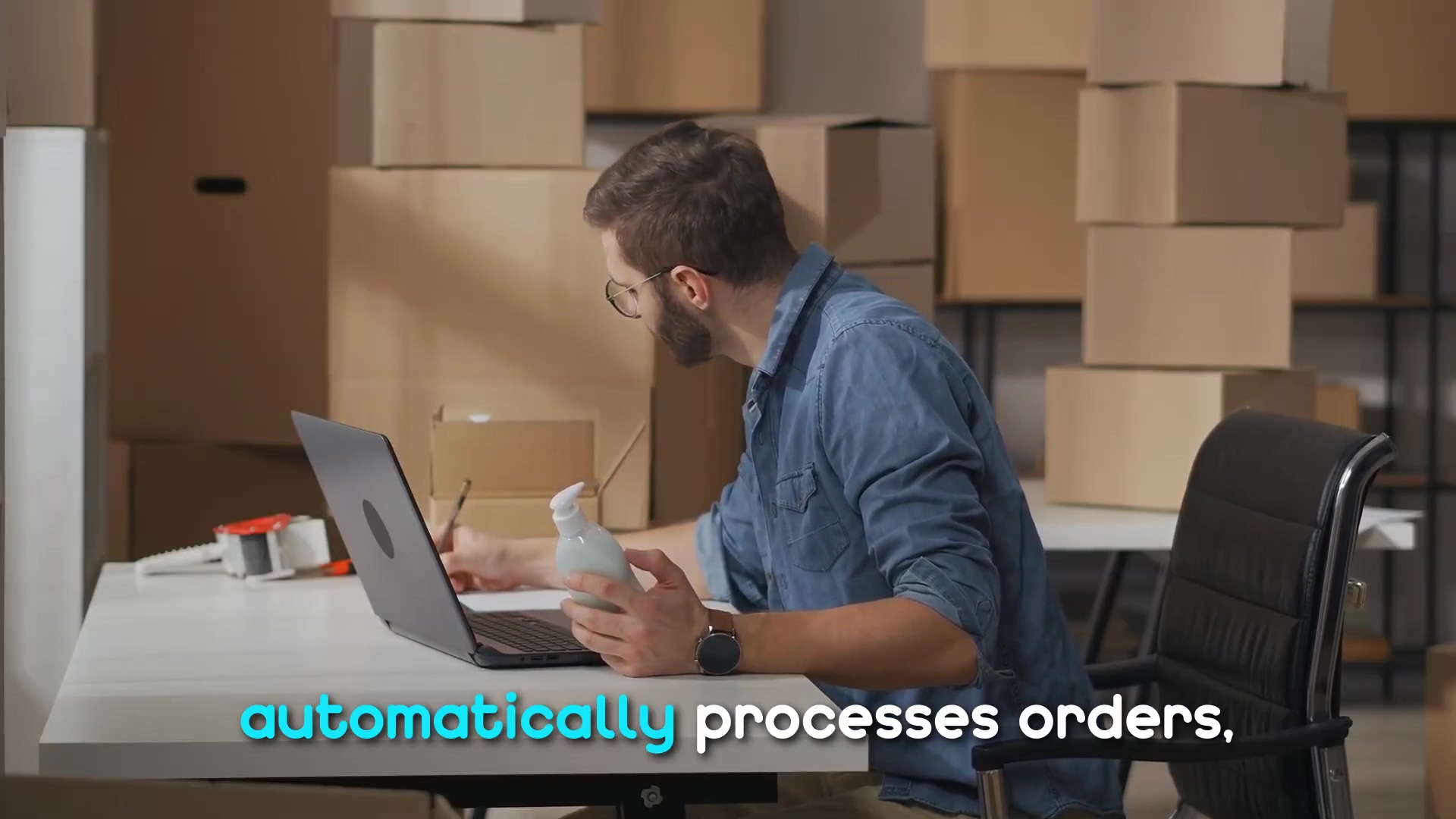 The image shows a man with a beard and glasses, wearing a denim shirt, sitting at a white desk in front of a black laptop. He is holding a white bottle in his left hand and appears to be writing on a piece of paper with his right hand. The background is filled with numerous cardboard boxes stacked on shelves, suggesting a storage or warehouse environment. A black office chair is visible to the right. The bottom of the image contains a bright blue subtitle that reads "automatically processes orders,".