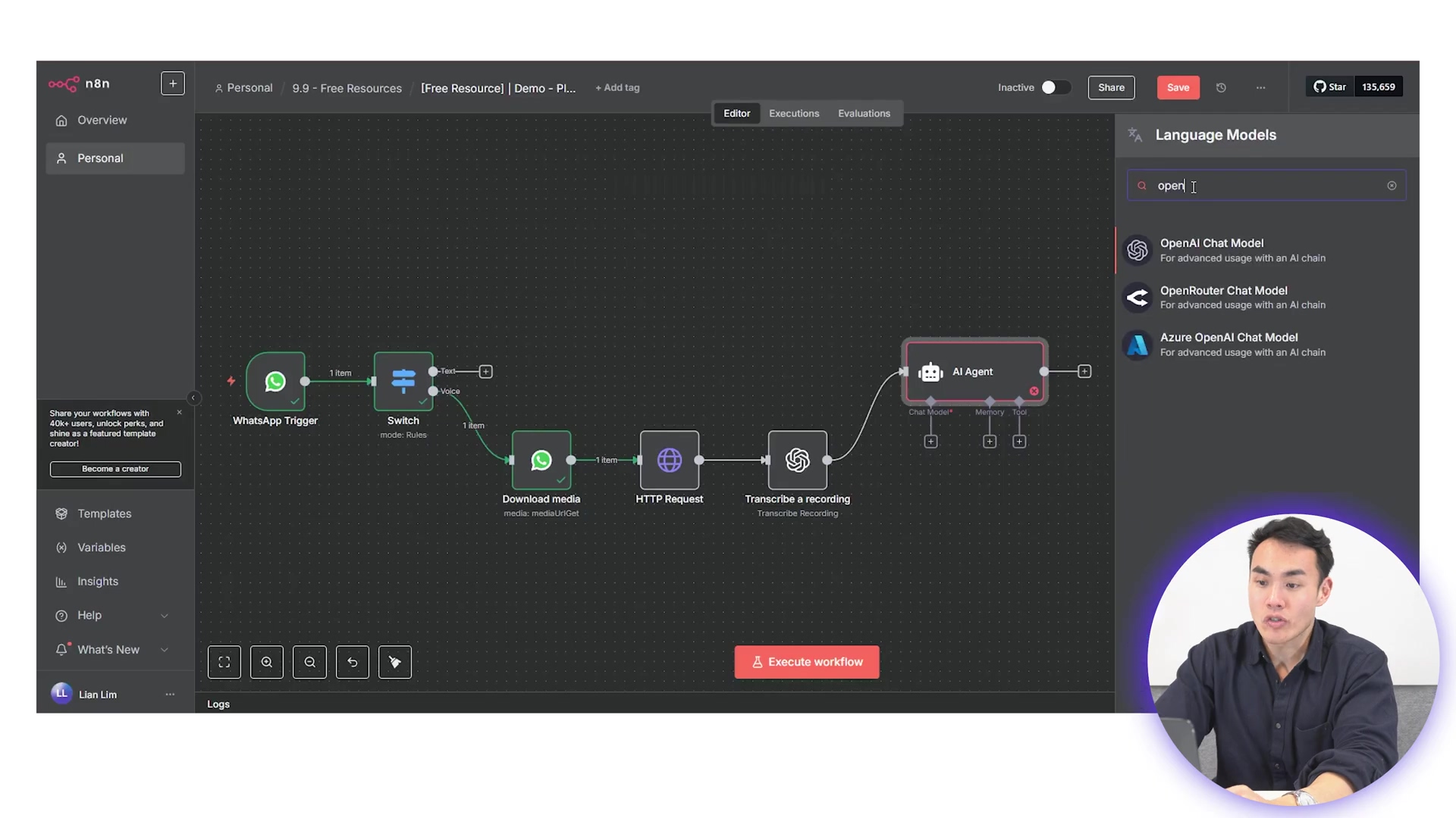 The image displays the n8n workflow automation platform, similar to the previous image, but with additional nodes in the workflow. The workflow now includes a 'WhatsApp Trigger' node at the beginning, followed by a 'Switch' node, 'Download media', 'HTTP Request', 'Transcribe a recording', and an 'AI Agent' node. The 'Transcribe a recording' node is labeled 'Transcribe recording'. The 'AI Agent' node is connected to 'Chat Model' and 'Tool' outputs. On the right side, the search bar is open, labeled 'Language Models', with 'open I' typed in. Below the search bar, suggested nodes 'OpenAI Chat Model', 'OpenRouter Chat Model', and 'Azure OpenAI Chat Model' are visible. The presenter is again visible in the circular overlay in the bottom right corner.
