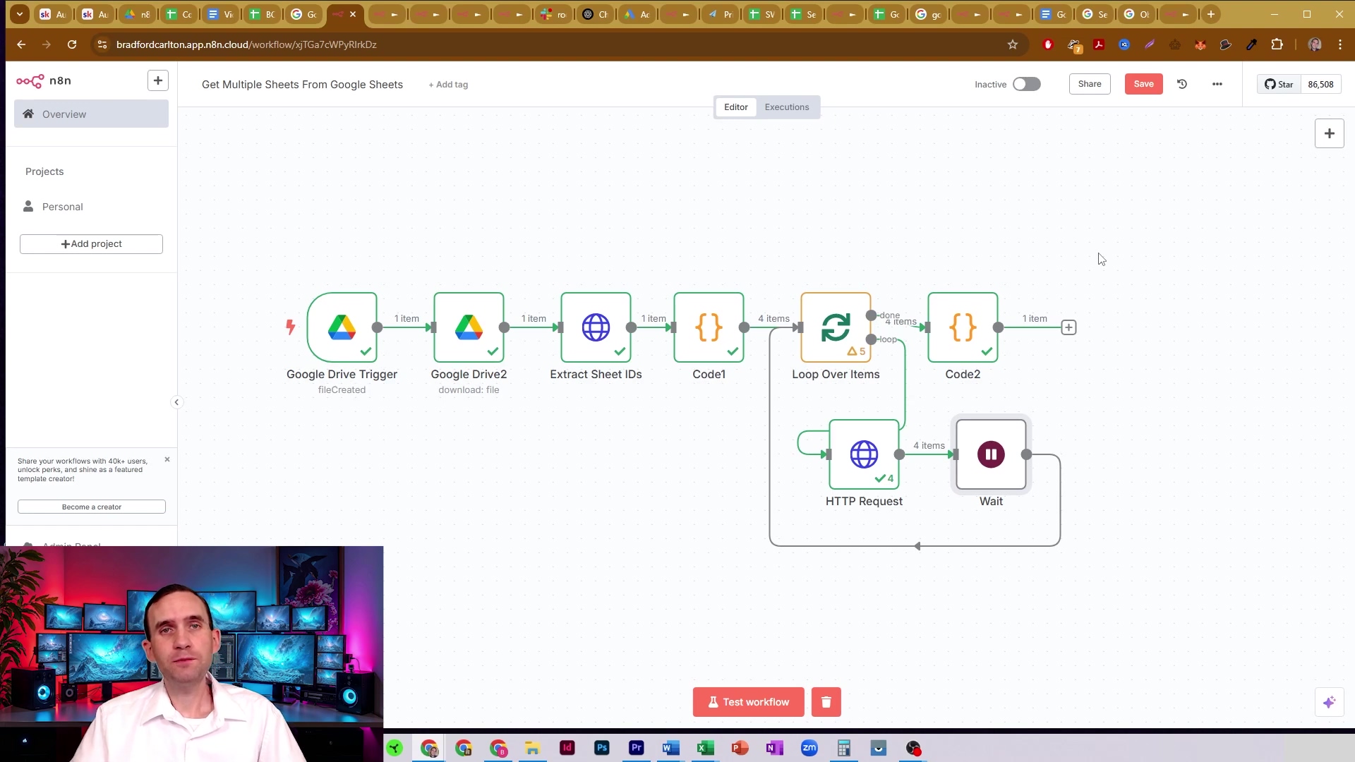 The image displays an n8n workflow interface, similar to the previous one, but with an added 'Wait' node. The workflow starts with a 'Google Drive Trigger' node, followed by 'Google Drive2', 'Extract Sheet IDs', 'Code1', 'Loop Over Items', 'Code2', and an 'HTTP Request' node. A 'Wait' node has been inserted after the 'HTTP Request' node, connected to the 'Loop Over Items' node. The top of the interface includes navigation for 'Overview' and 'Projects', and buttons for 'Editor', 'Executions', 'Share', and 'Save'. A person is visible in the bottom left corner, looking directly at the camera, in front of multiple computer monitors displaying colorful abstract images.
