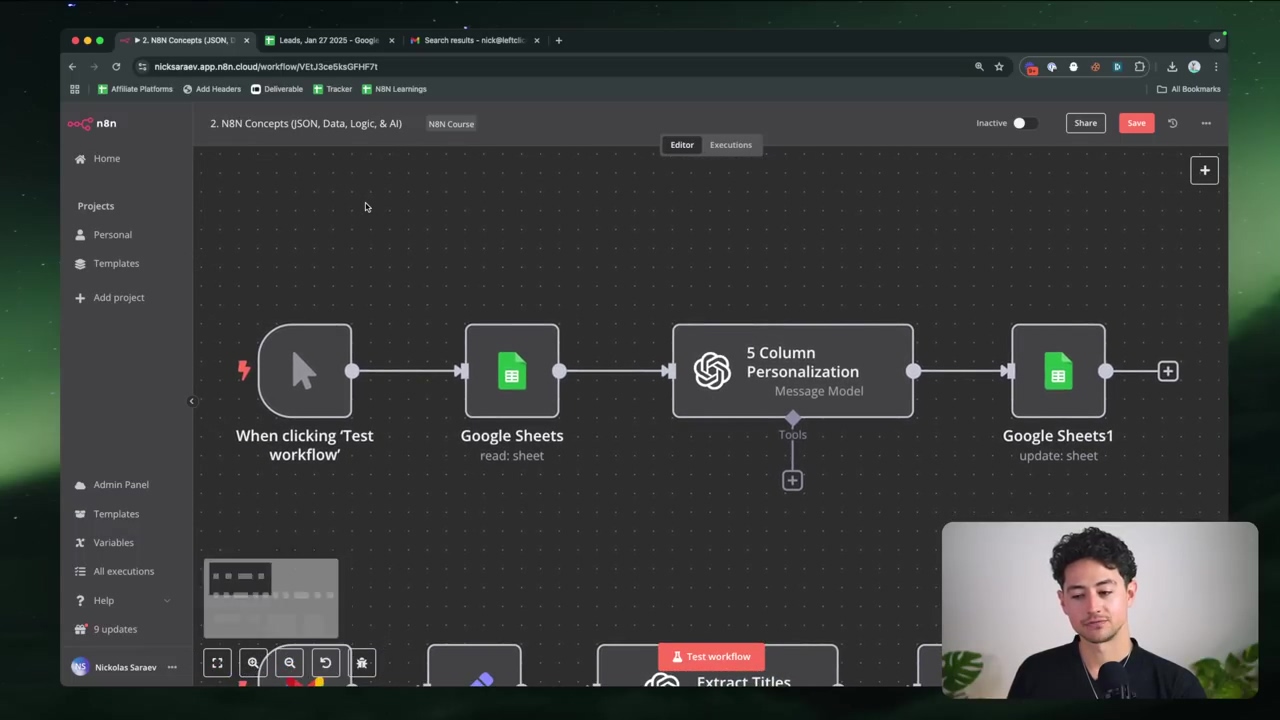 The image displays the n8n workflow editor interface. A dark-themed screen shows a workflow composed of several connected nodes. The nodes are labeled 'When clicking Test workflow', 'Google Sheets', '5 Column Personalization Message Model', and 'Google Sheets1'. A sidebar on the left shows navigation options like 'Home', 'Projects', 'Templates', and 'Admin Panel'. At the top, browser tabs are visible, with one tab showing 'N8N Concepts | JSON, ...'. A male presenter is visible in the bottom right corner, looking down at the screen.