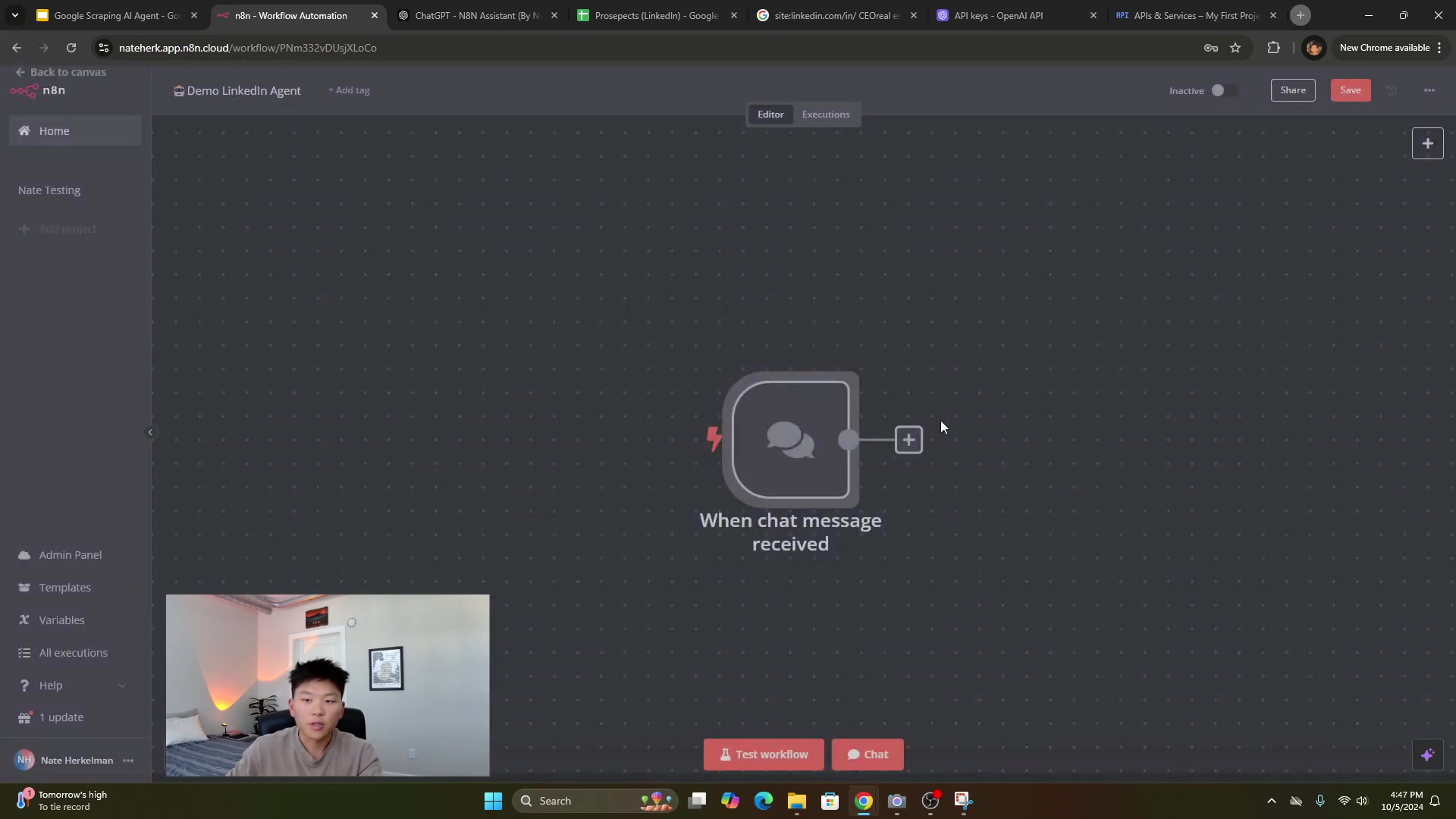 The image shows the n8n workflow automation interface, specifically for a 'Demo LinkedIn Agent'. The main canvas is largely empty, displaying a single node labeled 'When chat message received' with a lightning bolt icon, indicating a trigger. A plus icon next to it suggests the ability to add more nodes. The left sidebar contains navigation options like 'Home', 'Nate Testing', 'Admin Panel', 'Templates', 'All executions', and 'Help'. A small video overlay of a person speaking is in the bottom left corner. The interface is dark-themed with white text and icons.