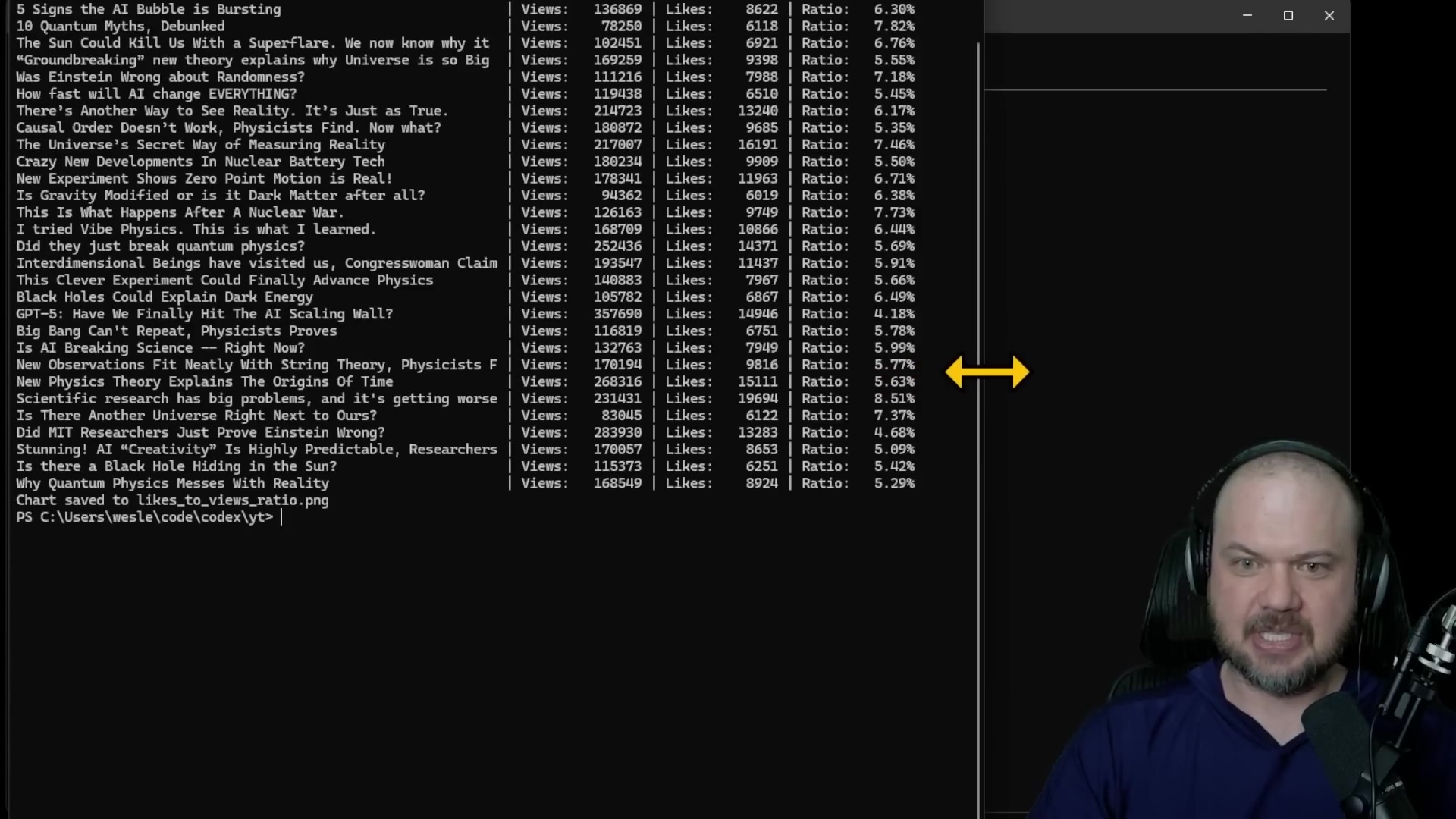 Terminal showing YouTube data processing