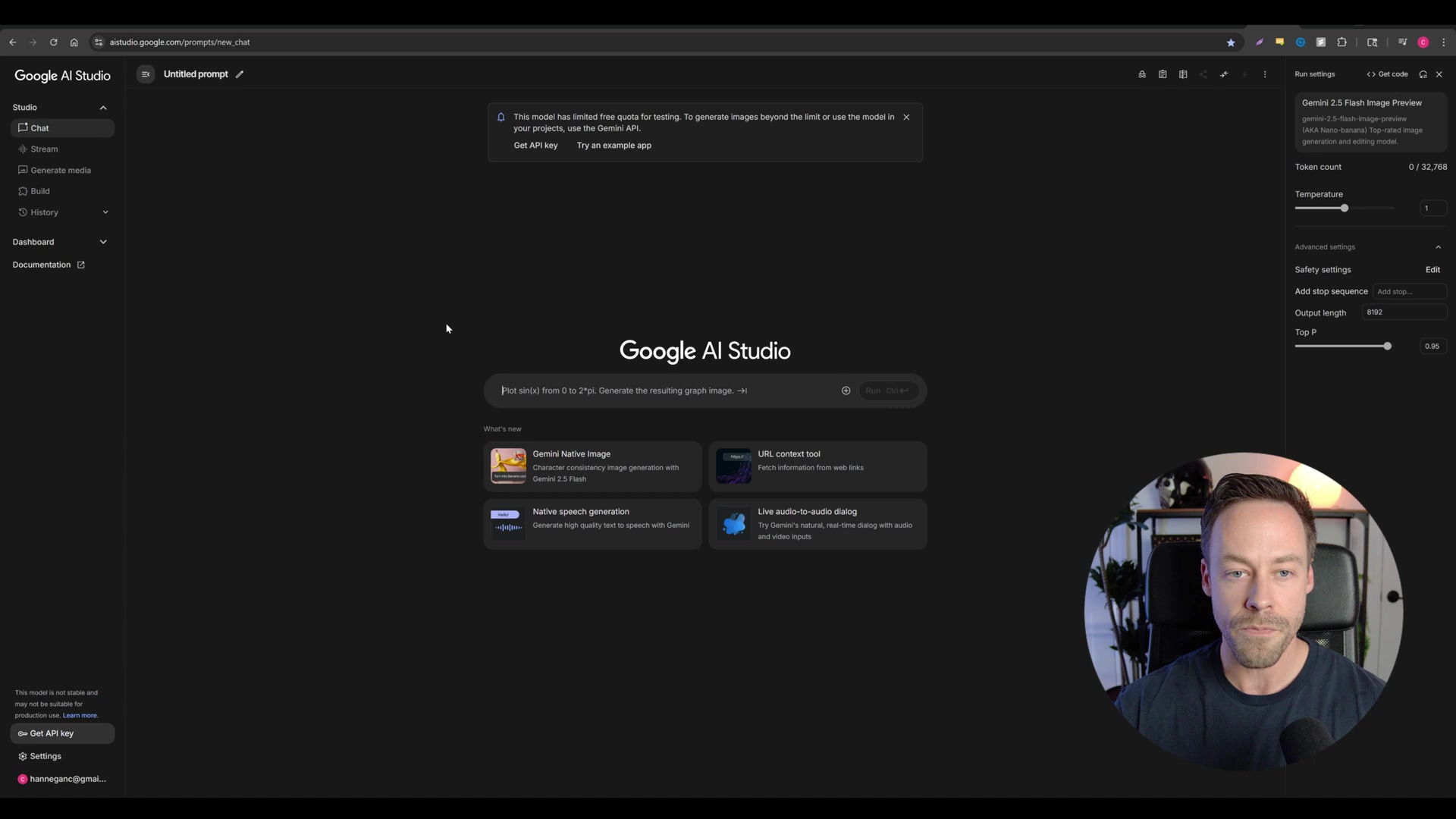 Google AI Studio interface for prompt input and model select