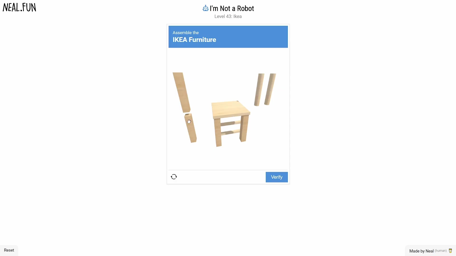 Disassembled virtual chair pieces in the game interface