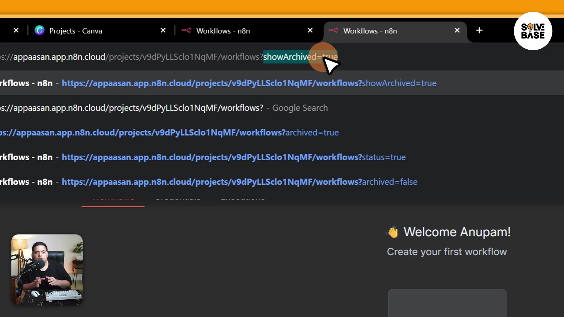Browser URL modified with showArchived parameter