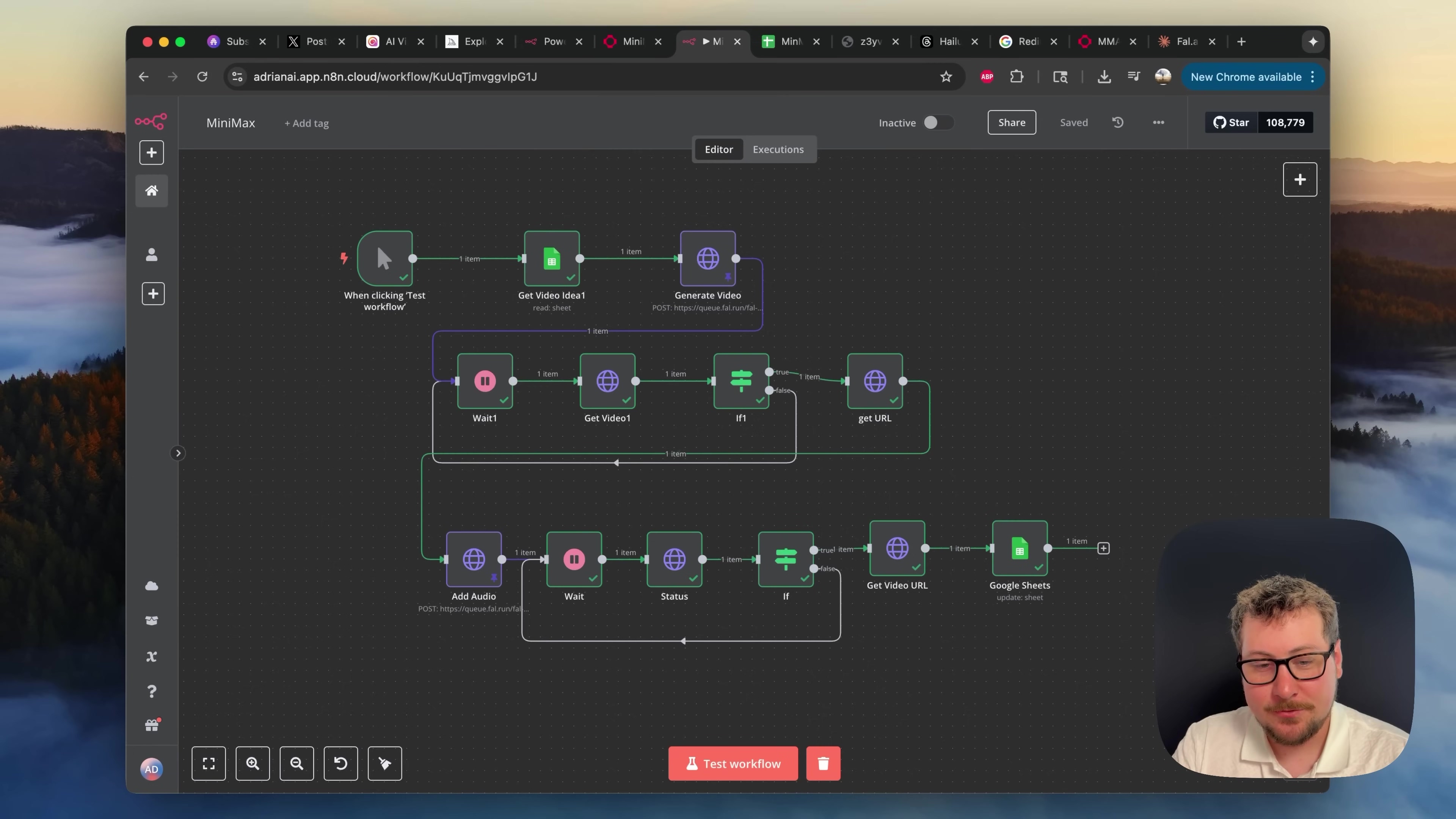 The image shows a visual workflow automation interface, likely n8n, with interconnected nodes representing different steps in a process. The workflow starts with a 'When clicking "Test workflow"' node, followed by 'Get Video Idea1', 'Generate Video', 'Wait1', 'Get Video1', 'if1', 'get URL', 'Add Audio', 'Wait', 'Status', 'if', and 'Get Video URL' which connects to 'Google Sheets'. Each node has labels indicating its function and data flow, such as '1 item' and 'POST https://api.hailuo.ai/v1/'. The interface is dark-themed with a grid background, and a 'Test workflow' button is prominent at the bottom. A person's face is visible in the bottom right corner, looking at the screen.