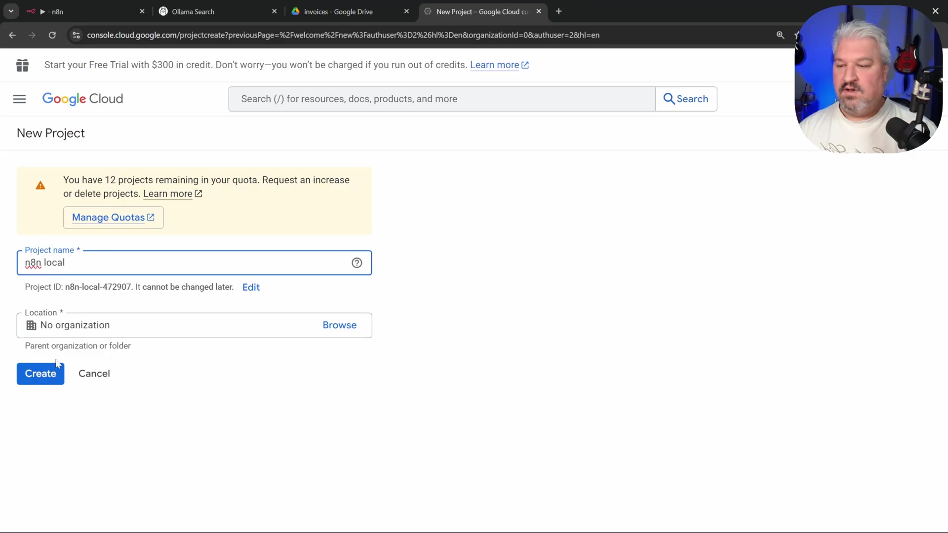 Google Cloud console 'New Project' panel