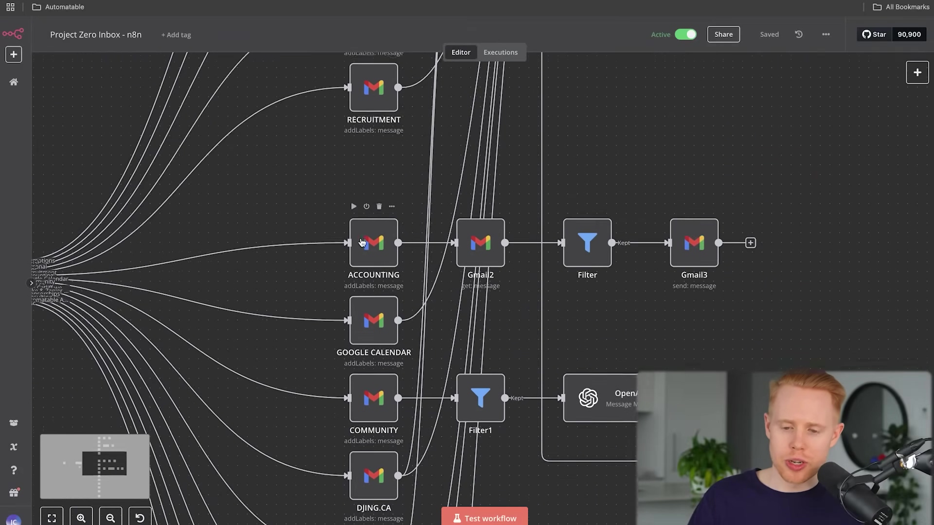 The image shows a complex n8n workflow interface, specifically for 'Project Zero Inbox'. The workflow features multiple 'Gmail' nodes with labels like 'RECRUITMENT', 'ACCOUNTING', 'GOOGLE CALENDAR', 'COMMUNITY', and 'DJING.CA', suggesting email categorization and processing. Several 'Filter' nodes are also visible, indicating conditional logic. The workflow appears to be processing incoming messages and potentially sending outgoing ones, as indicated by 'sent: message' on one of the 'Gmail' nodes. A 'Test workflow' button is visible at the bottom. The man from the previous image is visible in the bottom right, looking at the screen and speaking, providing a demonstration.
