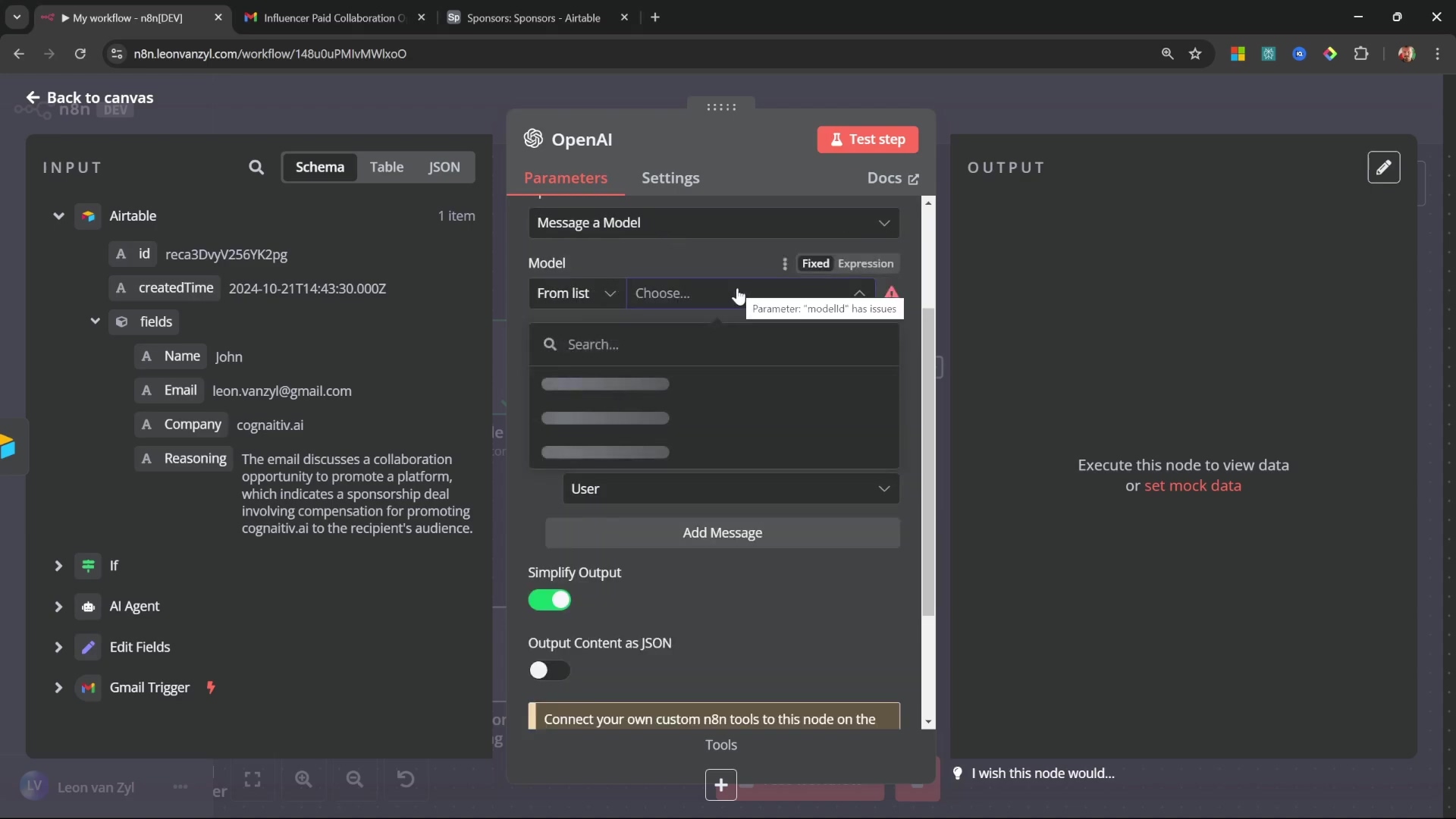 N8N OpenAI node configuration panel