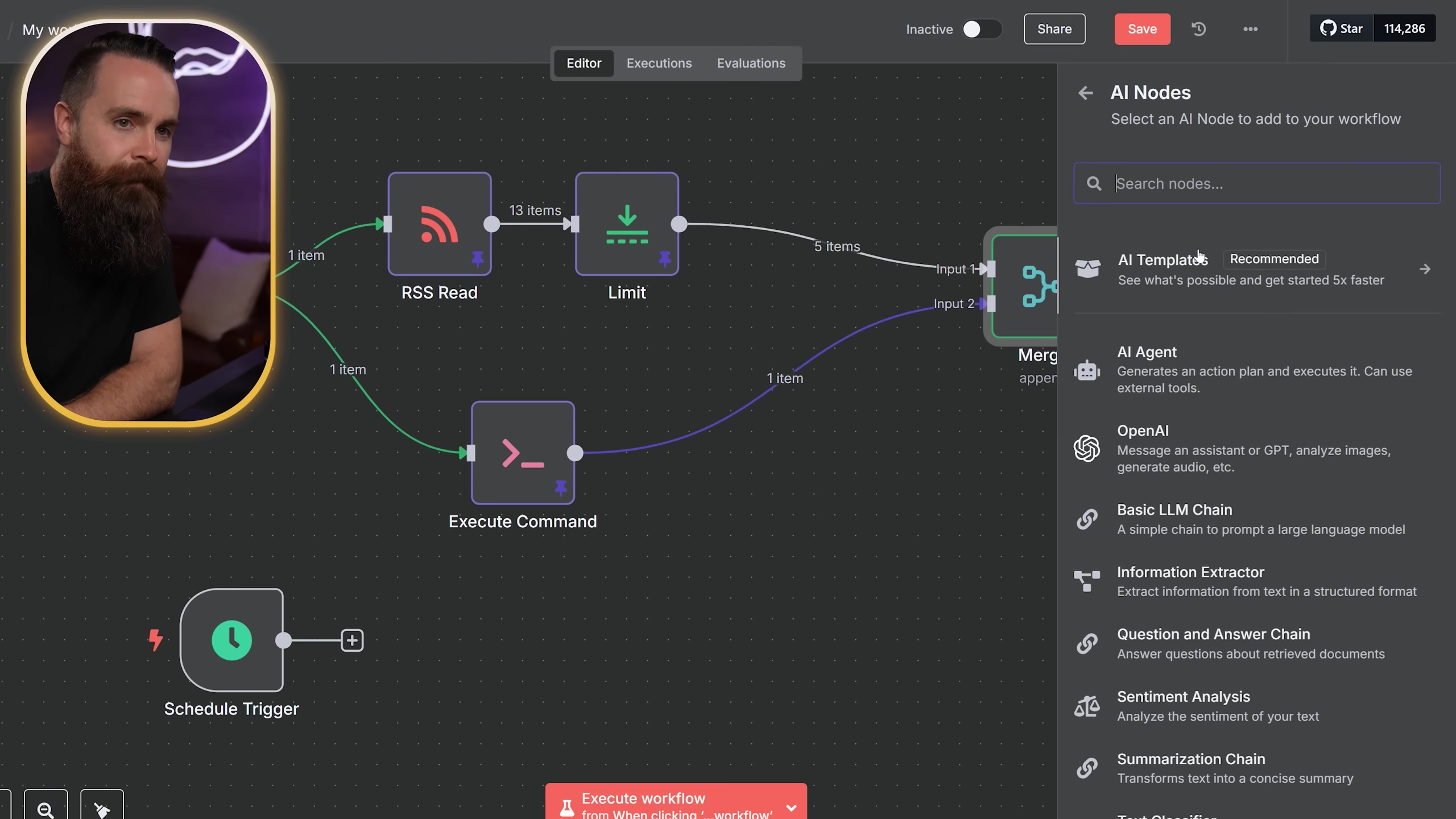 The image displays the n8n interface, focusing on adding an AI node to a workflow. The main workflow includes 'RSS Read', 'Limit', 'Merge', and 'Discord' nodes, with an 'Execute Command' node also present. A sidebar on the right, titled 'AI Nodes', shows a list of AI-related nodes available to add, including 'AI Templates', 'AI Agent', 'OpenAI', 'Basic LLM Chain', 'Information Extractor', 'Question and Answer Chain', 'Sentiment Analysis', and 'Summarization Chain'. A search bar at the top of the sidebar is labeled 'Search nodes...'. A circular overlay of a man with a beard is in the top left corner. The top bar of the interface shows 'Inactive', 'Share', 'Save', and a 'Star' icon with '114,286'.