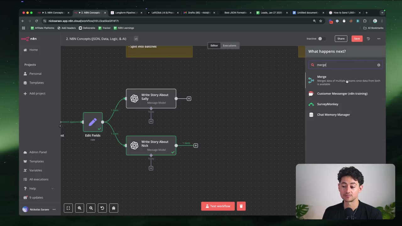 The image displays the n8n workflow editor, showing a workflow with 'Edit Fields' node branching into two 'Write Story About' nodes. On the right side, a search bar is active with 'merge' typed in, and a 'Merge' node is suggested with a description 'Merges data of multiple items once data from both is available'. Below it, 'Customer Messenger (n8n training)' and 'SurveyMonkey' are visible. The top right corner has 'Inactive', 'Share', and 'Save' buttons. A man is visible in the bottom right corner, looking at the screen. The browser tabs at the top show various n8n related pages.