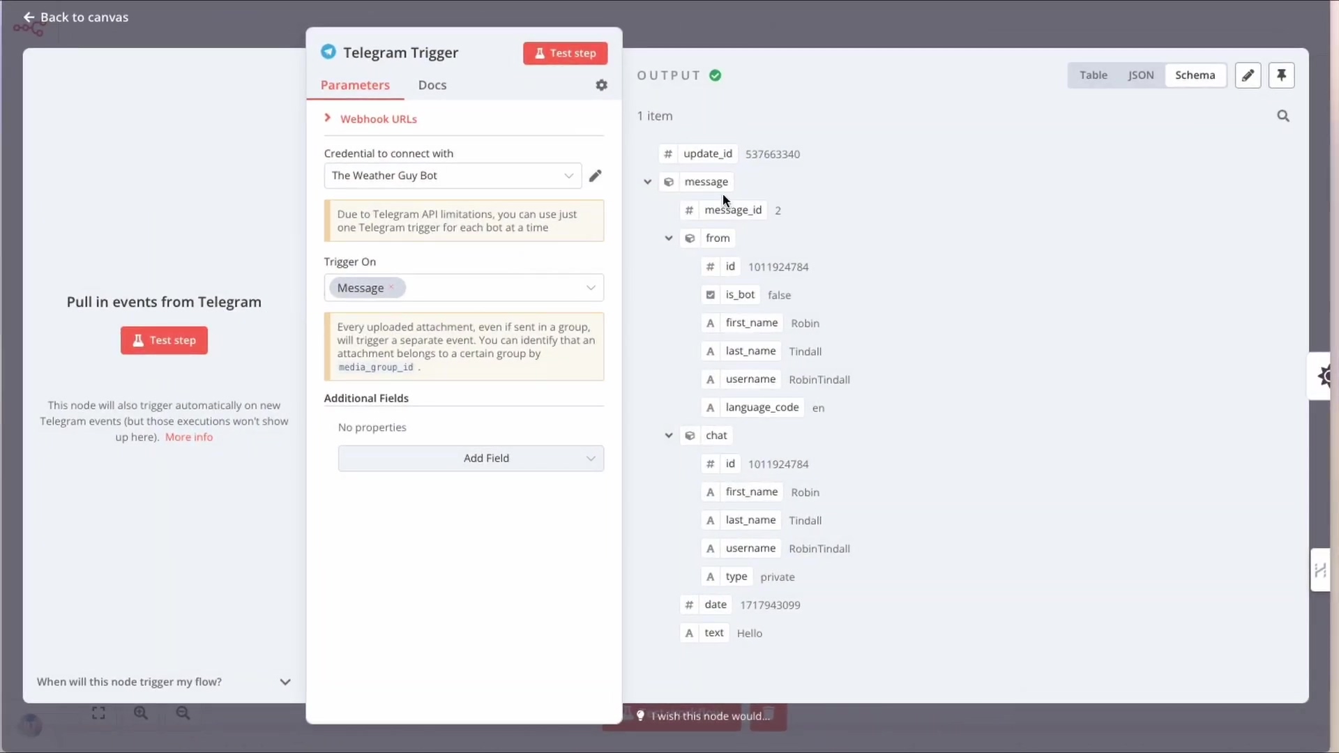 The image displays the n8n interface, showing the output of a Telegram Trigger node. The left side is identical to the previous image, with the 'Telegram Trigger' node configuration panel. The right side, labeled 'OUTPUT', now shows structured JSON data. This data includes an 'update_id', a 'message' object containing 'message_id', 'from' user details (id, first_name, last_name, username, is_bot, language_code), and 'chat' details (id, first_name, last_name, username, type, date, text). The 'text' field contains 'Hello'. This indicates a successful test message received by the Telegram bot.