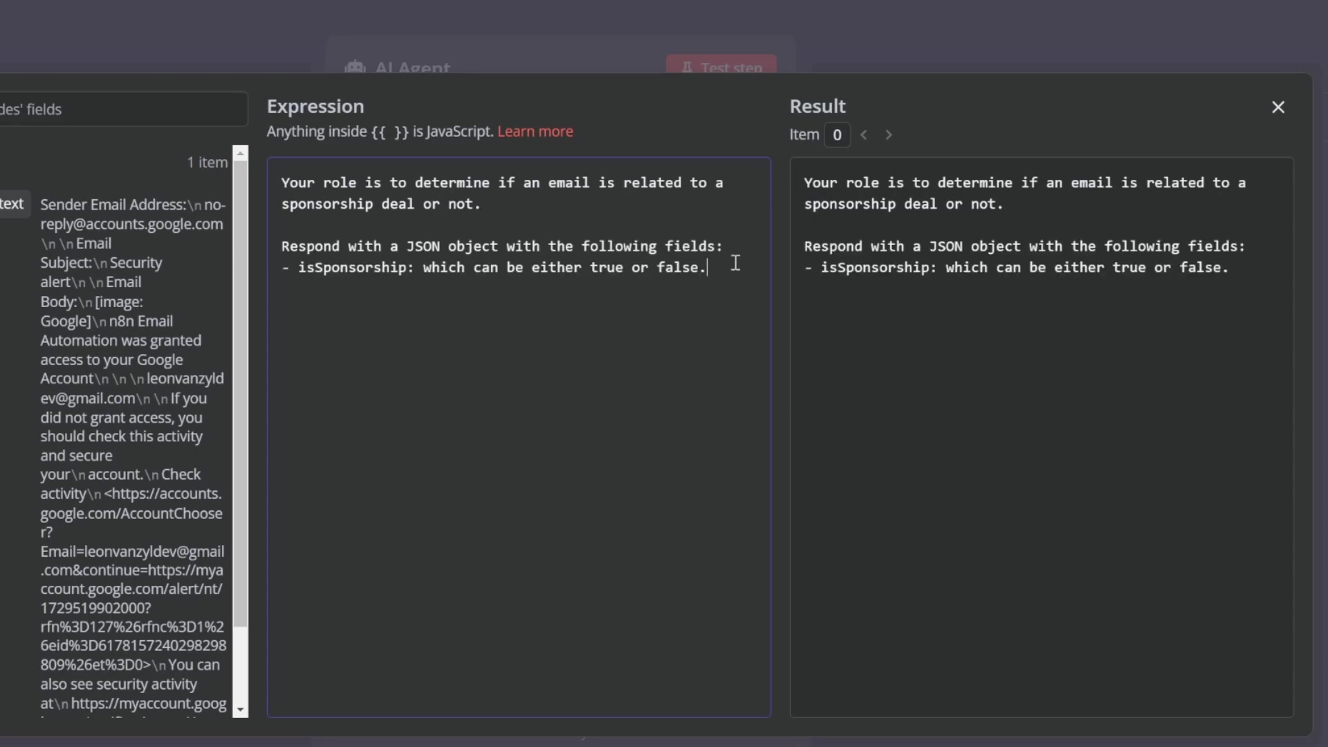 AI Agent node with system prompt for sponsorship email detec