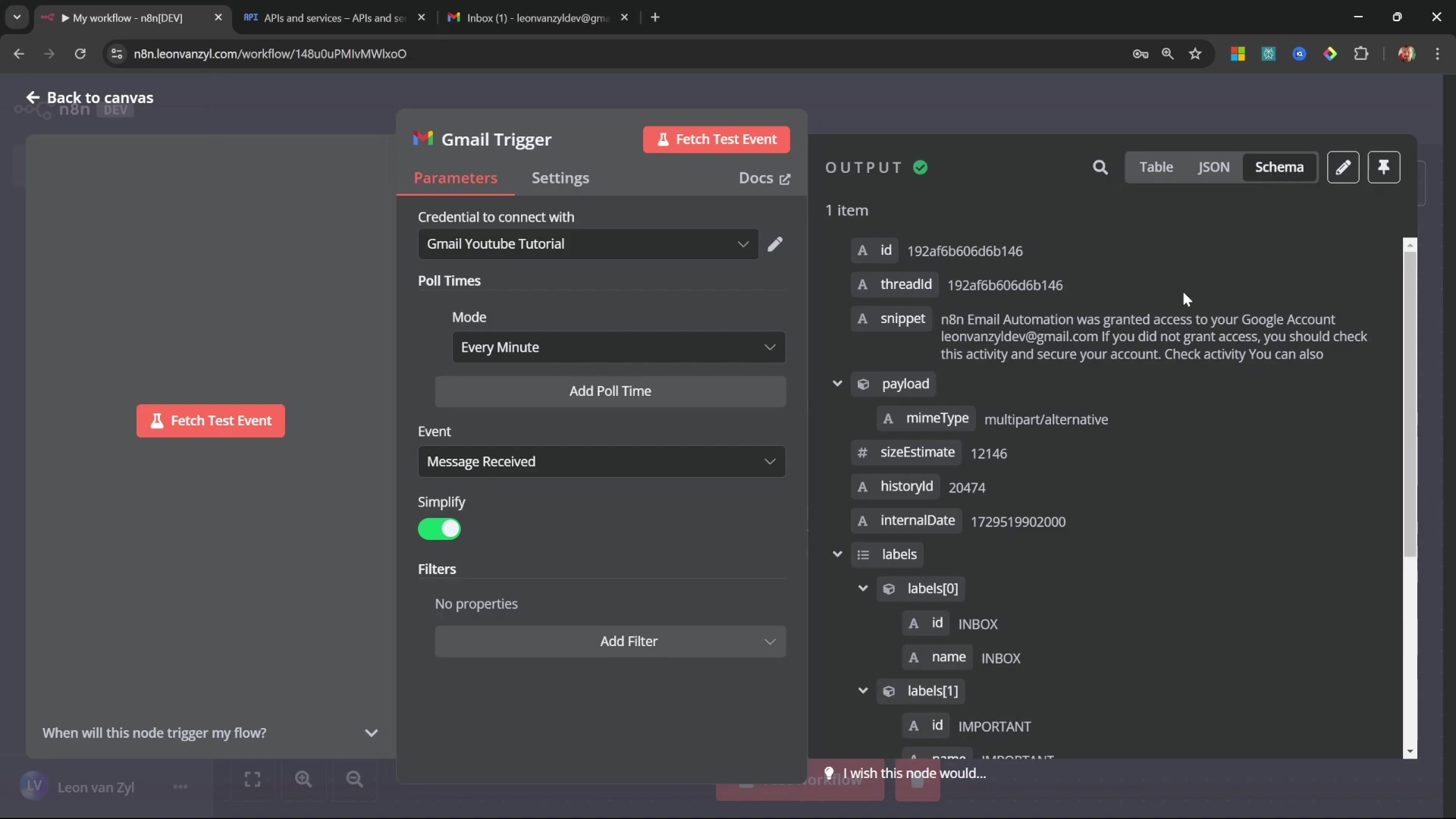 N8N Gmail Trigger node configuration with output details