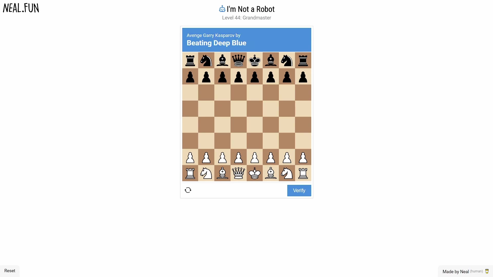 Initial Level 44 chess board setup in I'm Not a Robot