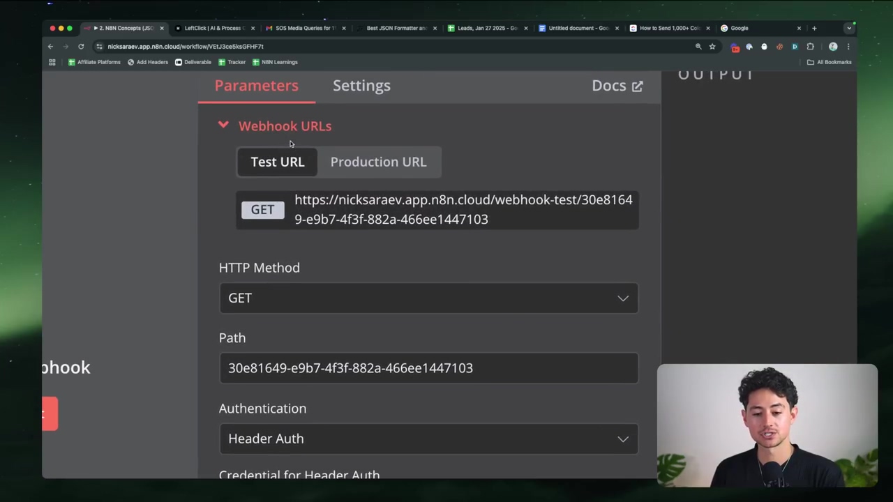 The image shows the configuration panel for a 'Webhook' node in the n8n interface. The 'Parameters' tab is active, displaying a 'Test URL' and 'Production URL' for the webhook. The 'Test URL' is https://nicksaraev.app.n8n.cloud/webhook-test/30e81649-e9b7-4f3f-882a-466ee1447103. The 'HTTP Method' is set to 'GET', and a 'Path' field shows '30e81649-e9b7-4f3f-882a-466ee1447103'. 'Authentication' is set to 'Header Auth'. A male presenter is visible in the bottom right, looking towards the screen. Browser tabs are visible at the top.