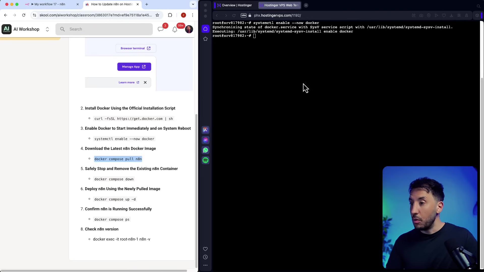 The image shows a split screen with a web browser on the left and a terminal window on the right. The web page on the left, titled 'How to Update n8n', highlights the step 'docker compose pull n8n' in a list of instructions. The terminal on the right displays command-line output, including the execution of 'systemctl enable --now docker' and 'systemctl daemon-reload', followed by a prompt. A male presenter is visible in the bottom right corner, looking towards the screen. The browser on the left has tabs for 'My workflow 17 - n8n' and 'How to Update n8n'. The right browser tab is 'Hostinger VPS Web Terminal'.