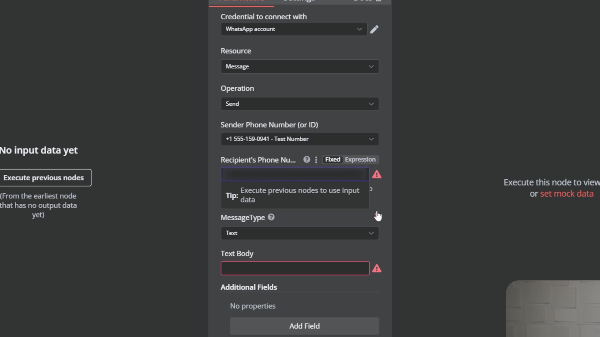 The image displays a dark-themed n8n interface, focusing on the configuration panel for a 'WhatsApp Business Cloud' node. The panel has tabs for 'Parameters', 'Settings', and 'Docs'. The 'Parameters' tab is active, showing several dropdown menus and input fields. These include 'Credential to connect with' (set to 'WhatsApp account'), 'Resource' (set to 'Message'), 'Operation' (set to 'Send'), 'Sender Phone Number (or ID)' (with a pre-filled number '+1 555-159-9841 - Test Number'), and 'Recipient's Phone Nu...' which is an empty input field with a warning icon and a 'Fixed Expression' button. A tooltip 'Execute previous nodes to use input data' is partially visible next to the recipient field. Below this, 'MessageType' is set to 'Text', and 'Text Body' is an empty input field with a warning icon. An 'Add Field' button is at the bottom. On the left, a 'No input data yet' message is displayed with an 'Execute previous nodes' button. The presenter is visible in the bottom right corner.