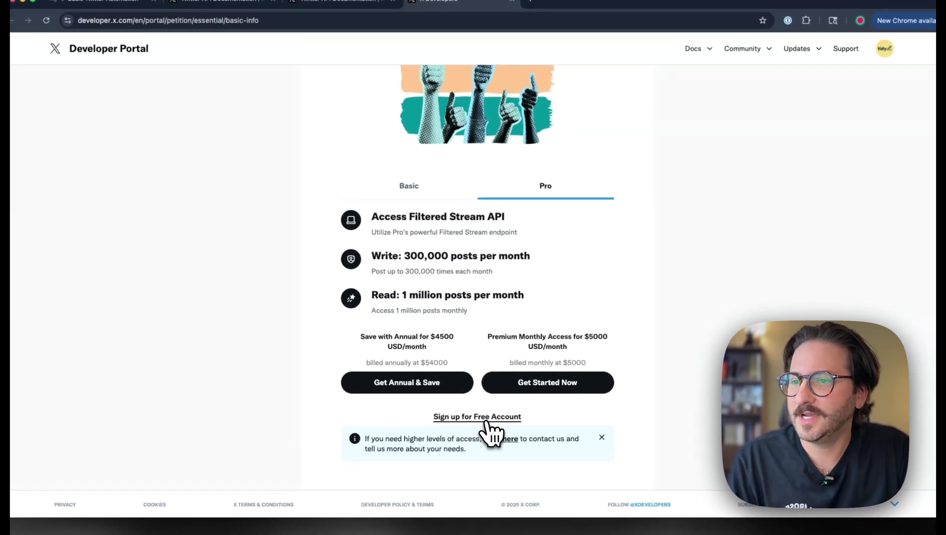 X Developer Portal pricing tiers with free account option