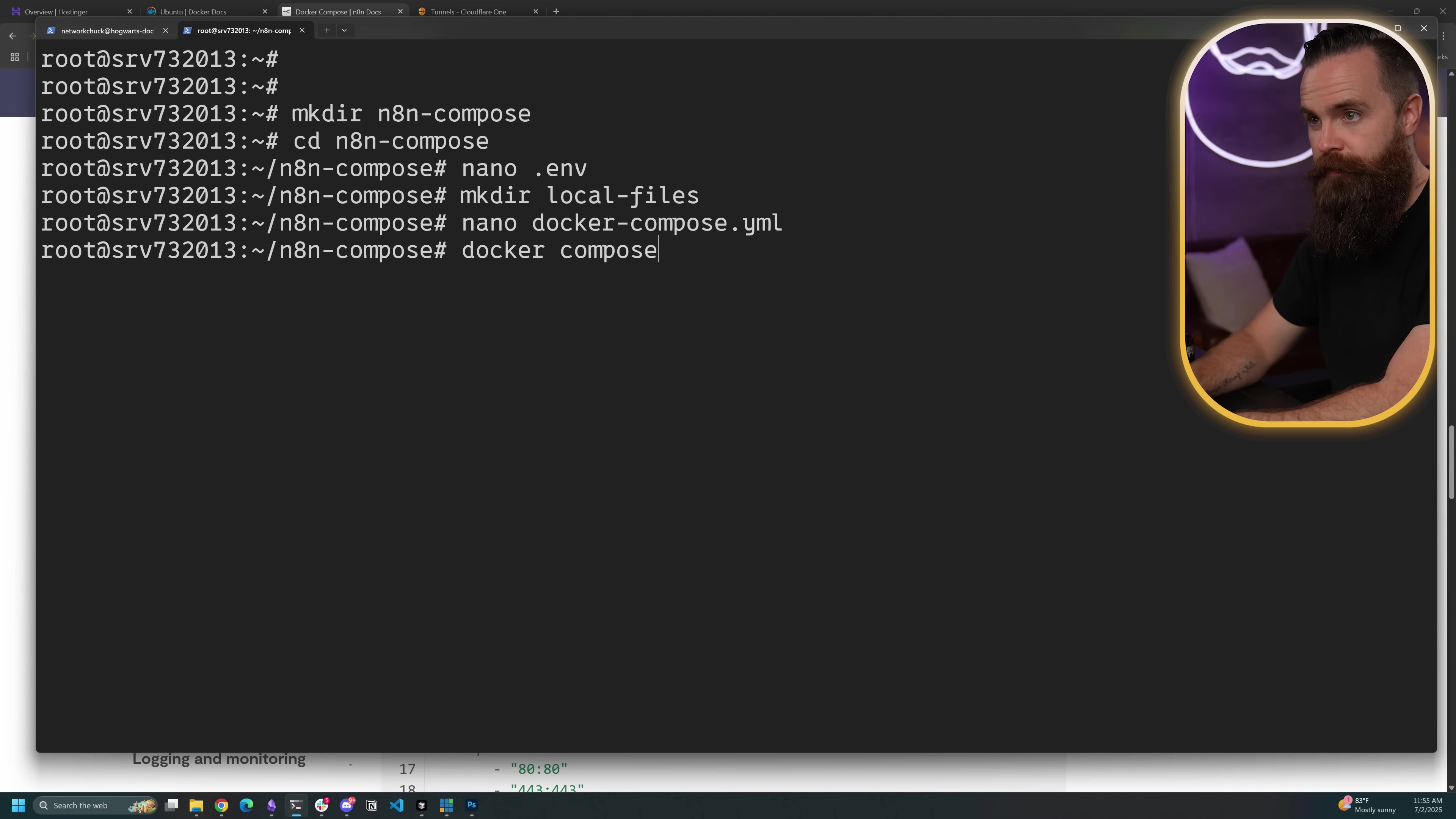 The image displays a terminal window on a dark background, showing command-line operations related to setting up n8n with Docker Compose. The commands include creating directories for 'n8n-compose' and 'local-files', and opening '.env' and 'docker-compose.yml' files using 'nano'. A man with a beard is visible in a circular overlay in the top right corner, looking towards the left side of the screen. The bottom of the screen shows a taskbar with various application icons and system information like time and date.