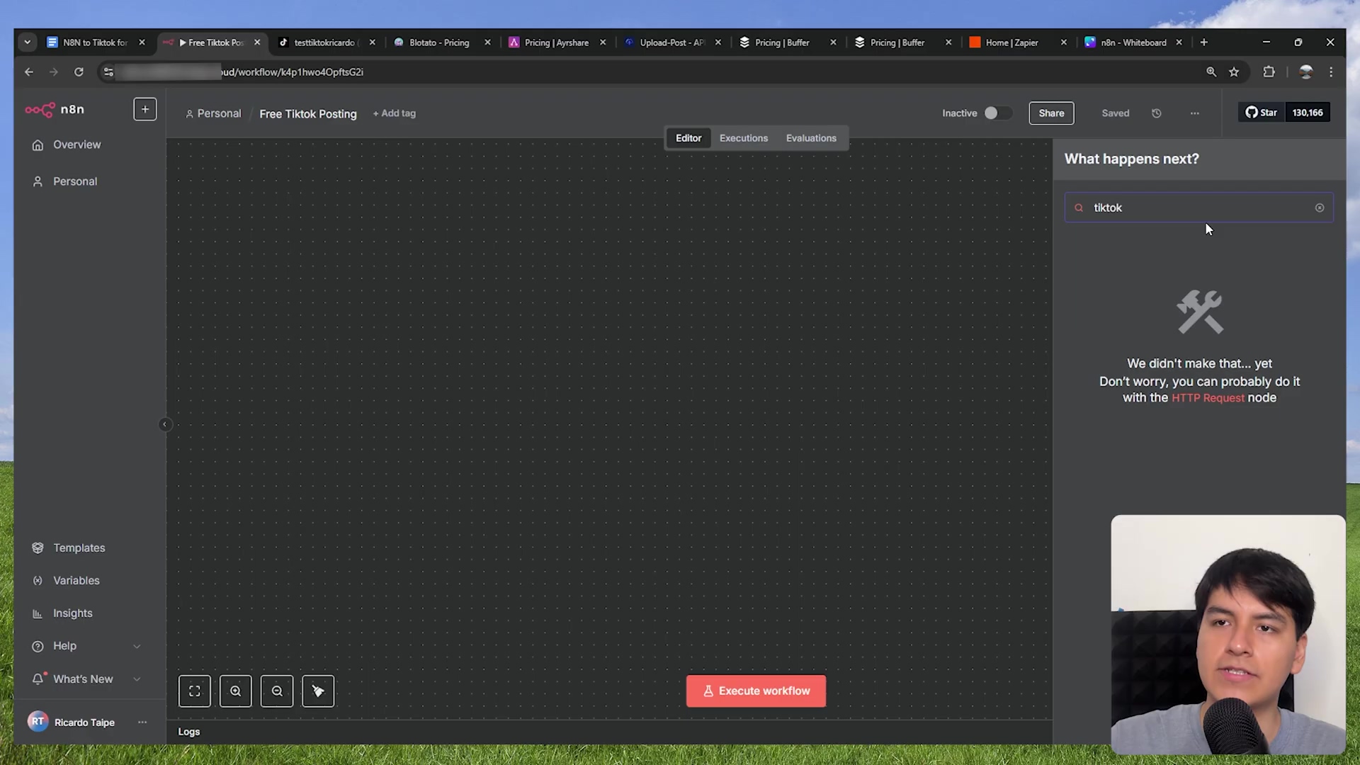 The image displays a dark-themed N8N interface, a workflow automation tool. On the left, a sidebar shows navigation options like 'Overview', 'Personal', 'Templates', 'Variables', 'Insights', and 'Help'. The main central area is a large grid for building workflows, currently empty. At the top, there are tabs for 'Editor', 'Executions', and 'Evaluations'. To the right, a panel titled 'What happens next?' contains a search bar with 'tiktok' typed in, and a message below it that reads 'We didn't make that... yet Don't worry, you can probably do it with the HTTP Request node'. The bottom of the screen shows 'Logs' and workflow execution controls. A man is visible in the bottom right corner of the screen, looking towards the interface.