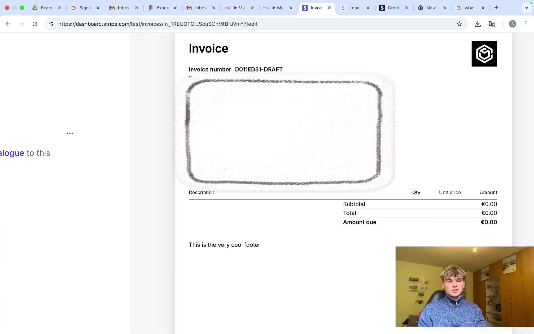 Stripe draft invoice with detailed line items and footer