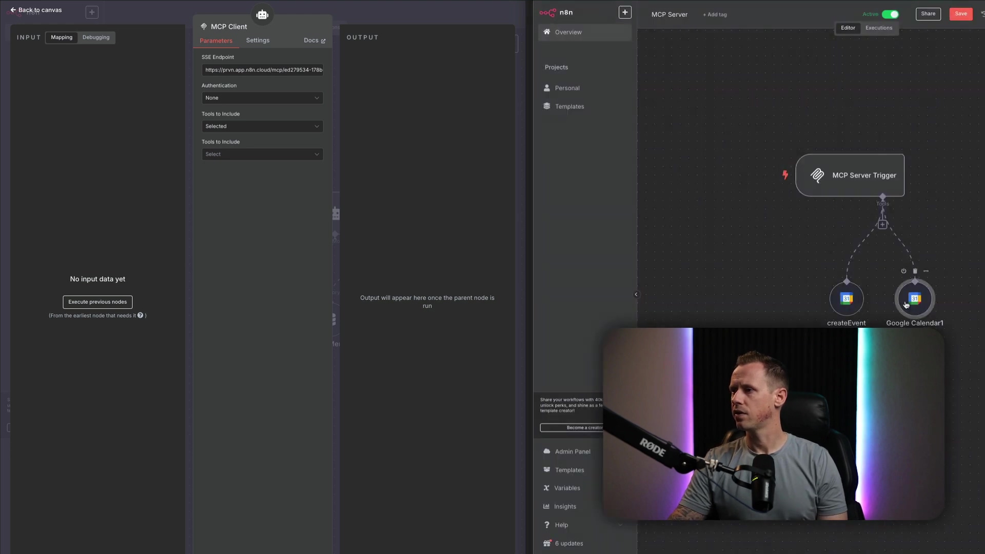 The image displays a split screen, with the left side showing an 'MCP Client' configuration panel within a dark-themed interface, likely n8n. The panel has tabs for 'Parameters', 'Settings', and 'Docs'. Under 'Parameters', fields for 'SSE Endpoint', 'Authentication', and 'Tools to Include' are visible. The SSE Endpoint shows a URL. The right side of the screen shows an n8n workflow canvas with nodes titled 'MCP Server Trigger', 'createEvent', and 'Google Calendar1', connected by lines. A male speaker with short hair and a grey t-shirt is visible in the bottom right corner, looking towards the left side of the frame. He is wearing a microphone headset.