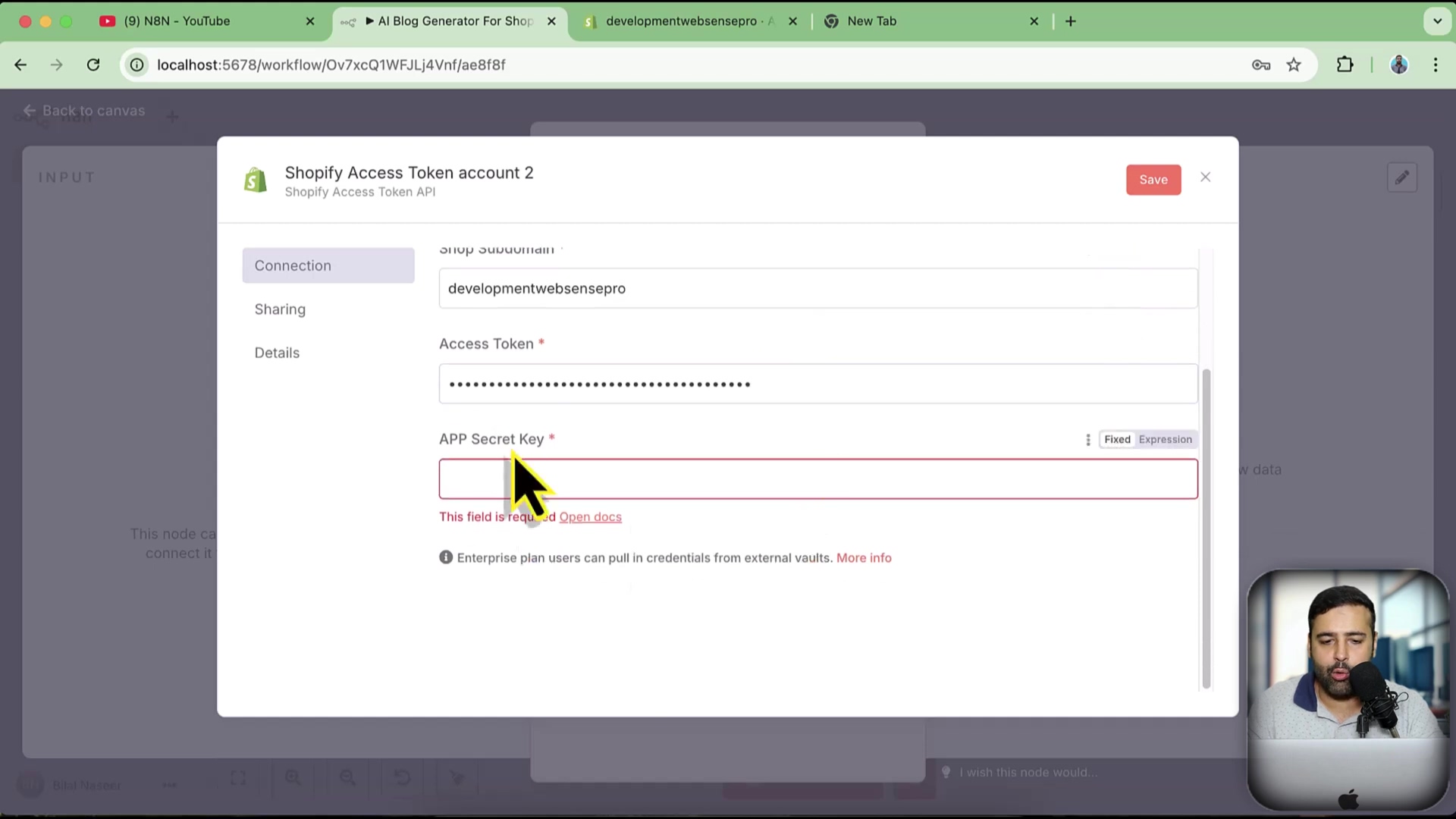 N8N Shopify access token and app secret key input masks