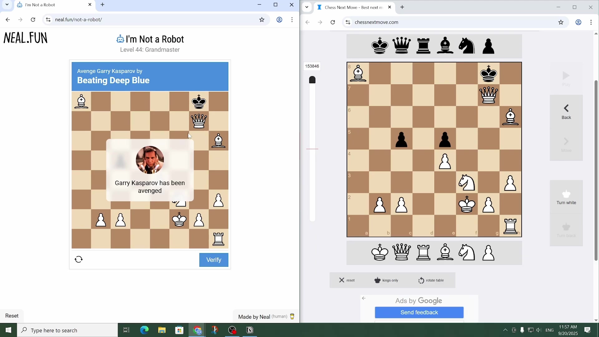 Split-screen showing I'm Not a Robot game completion with 'G