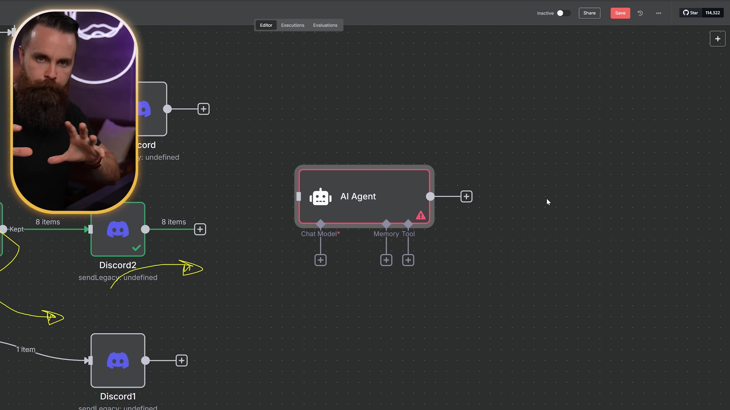 The image displays the n8n workflow editor with several interconnected nodes. A man with a beard is visible in a circular overlay on the left side, gesturing with his hands. The workflow shows a sequence of nodes, including a 'Discord' node, followed by a 'Discord2' node, and a 'Discord1' node. In the center, a prominent 'AI Agent' node is visible, with connections for 'Chat Model*' and 'Memory Tool'. There are plus icons around the nodes indicating where new nodes can be added. The top right of the interface shows 'Editor', 'Executions', 'Evaluations' tabs, along with 'Inactive', 'Share', 'Save' buttons, and a star icon with the number '114,122'. The background is a dark grid pattern.