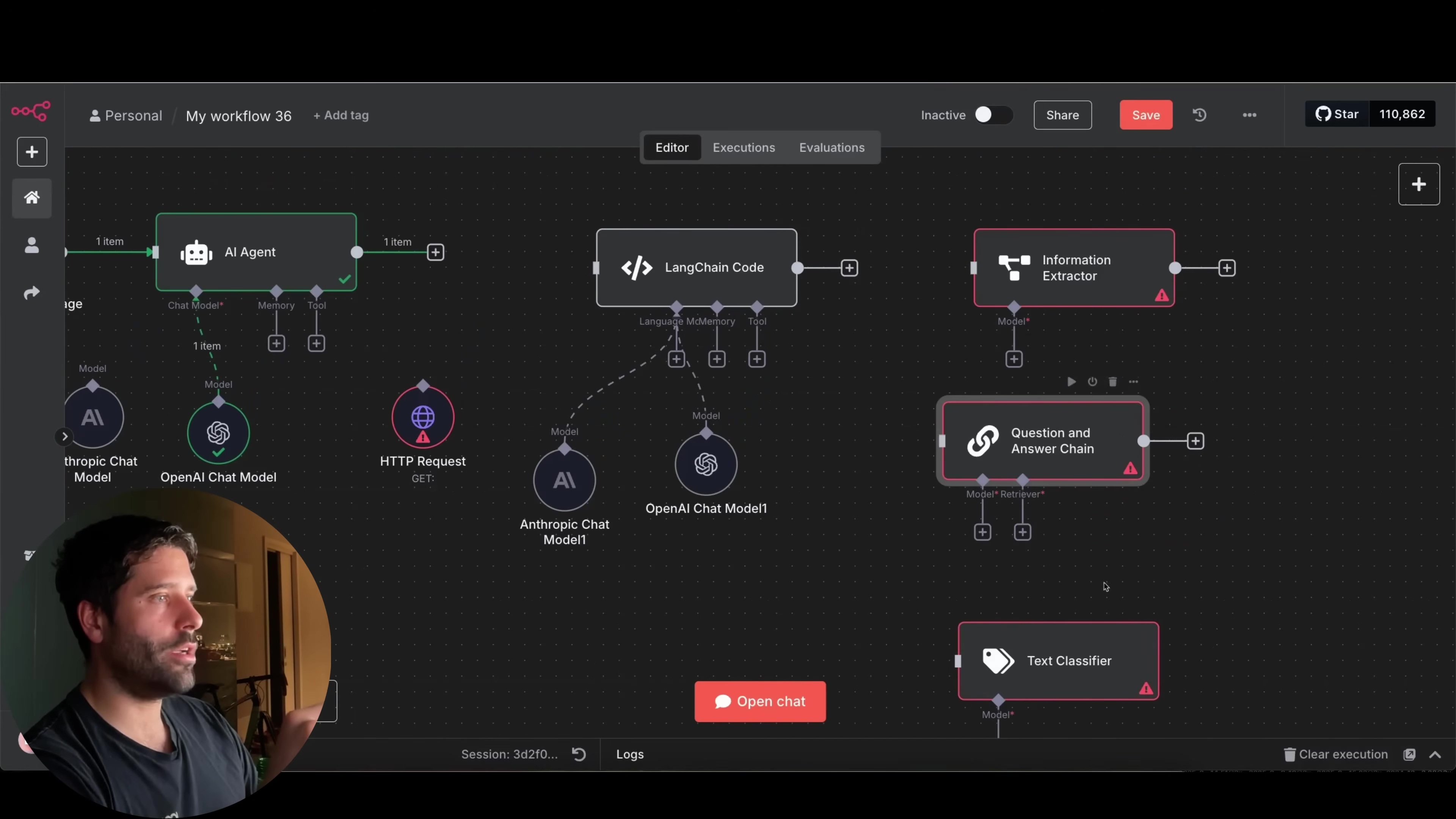The image displays a dark-themed software interface, likely a workflow or node-based programming environment. In the foreground, a person with short dark hair and a beard is visible from the chest up, looking towards the right side of the frame, partially obscuring the interface. The interface features several interconnected nodes, including 'AI Agent', 'LangChain Code', 'Information Extractor', 'Question and Answer Chain', and 'Text Classifier'. There are also nodes for 'Anthropic Chat Model', 'OpenAI Chat Model', and 'HTTP Request'. Lines connect these nodes, indicating data flow. At the top of the screen, there's a navigation bar with 'Personal', 'My workflow 36', '+ Add tag', 'Editor', 'Executions', 'Evaluations', 'Inactive' toggle, 'Share', 'Save', and a 'Star' icon with '110,862'. A red 'Open chat' button is visible near the bottom center. The overall layout suggests a visual programming tool for AI agents.