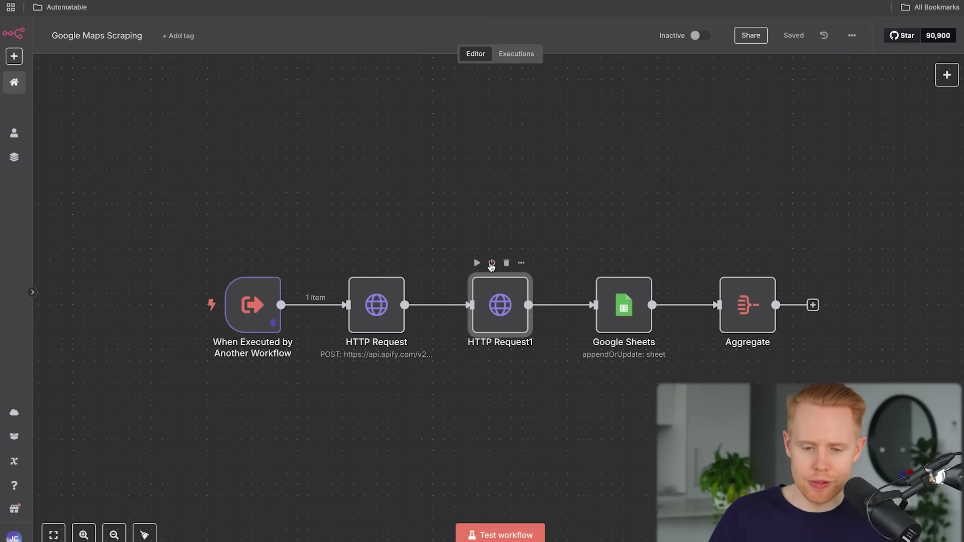 The image displays a dark-themed workflow automation interface, likely n8n, with a series of connected nodes representing a 'Google Maps Scraping' process. The workflow starts with a 'When Executed by Another Workflow' node, followed by two 'HTTP Request' nodes, a 'Google Sheets' node (specifically 'appendOrUpdate: sheet'), and an 'Aggregate' node. A 'Test workflow' button is visible at the bottom. The top left shows 'Google Maps Scraping' and 'Add tag'. The top right has 'Editor', 'Executions', 'Share', 'Saved', and a star icon with '90,800'. A person with red hair is visible in the bottom right corner, looking at the screen.