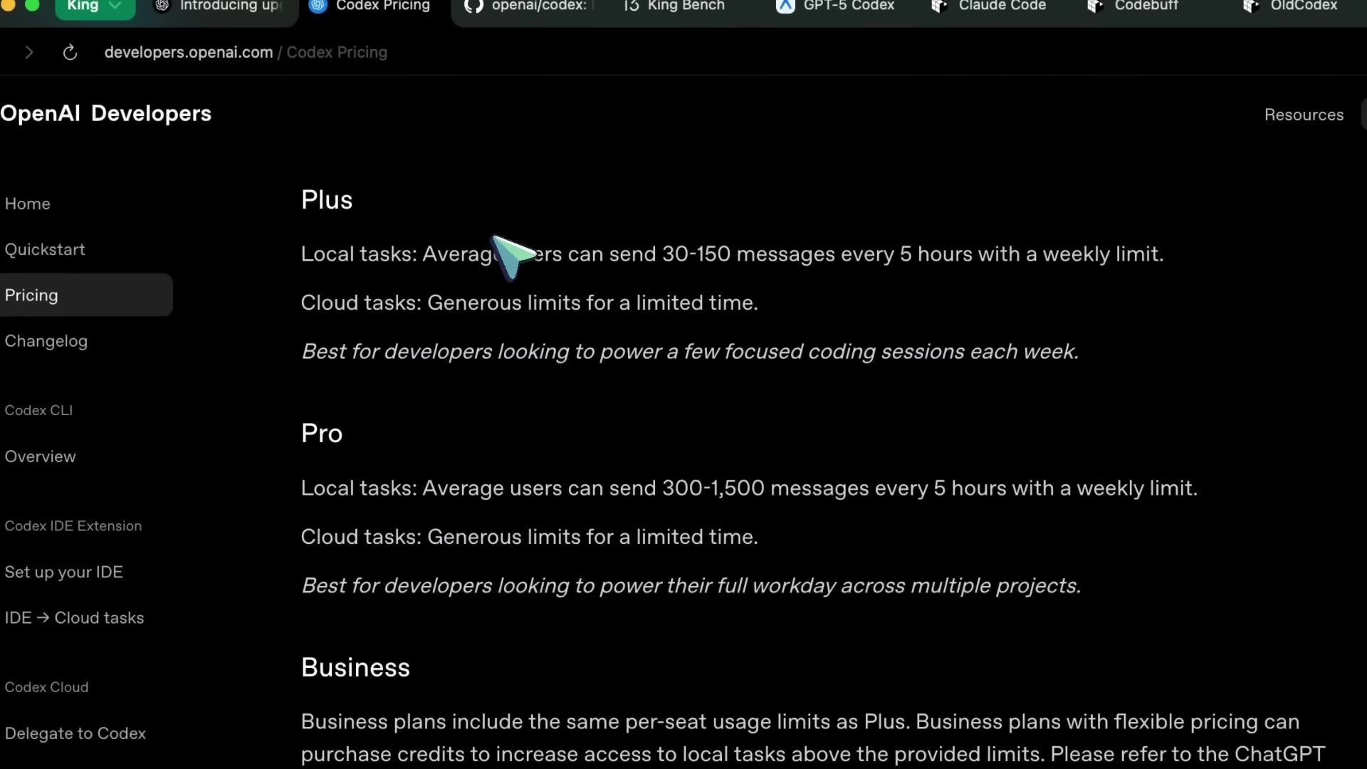 The image shows a webpage titled 'OpenAI Developers' with a navigation menu on the left and content on the right. The navigation menu includes options like 'Home', 'Quickstart', 'Pricing', 'Changelog', 'Codex CLI', 'Overview', 'Codex IDE Extension', 'Set up your IDE', 'IDE -> Cloud tasks', 'Codex Cloud', and 'Delegate to Codex'. The main content area describes different subscription plans: 'Plus', 'Pro', and 'Business'. The 'Plus' plan mentions 'Local tasks: Average users can send 30-150 messages every 5 hours with a weekly limit.' The 'Pro' plan mentions 'Local tasks: Average users can send 300-1,500 messages every 5 hours with a weekly limit.