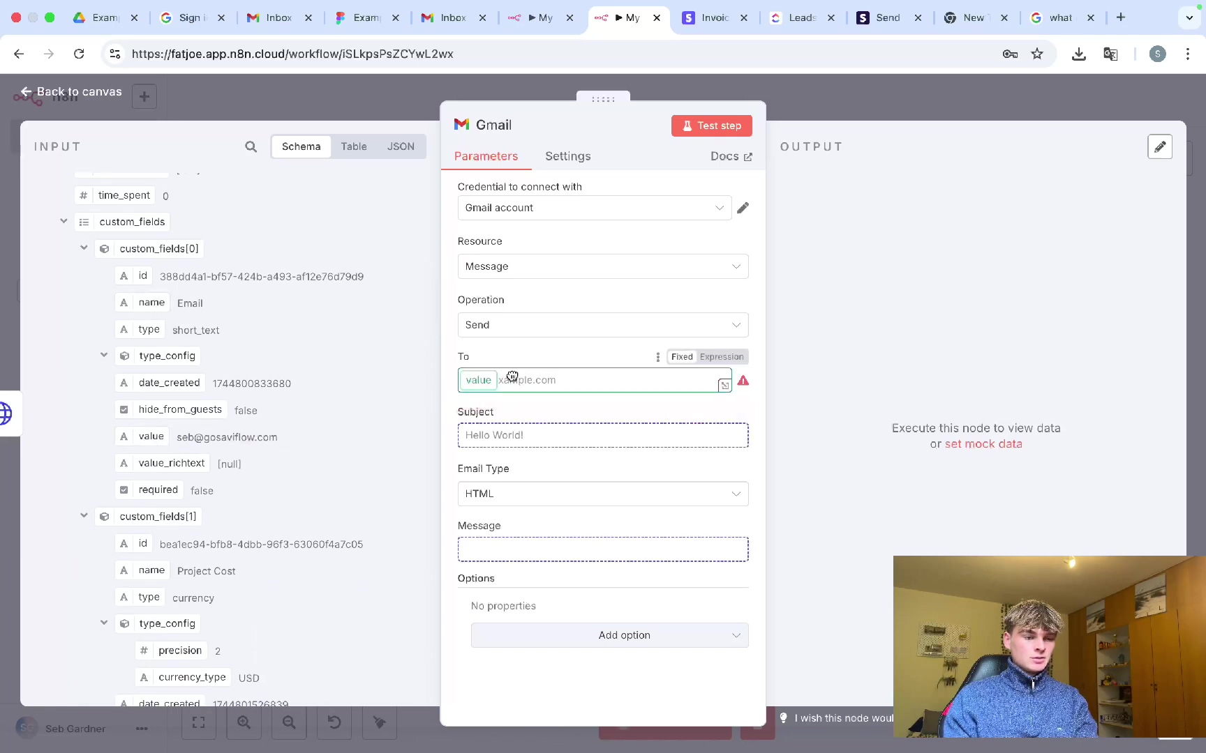 n8n Gmail node configuration with parameters