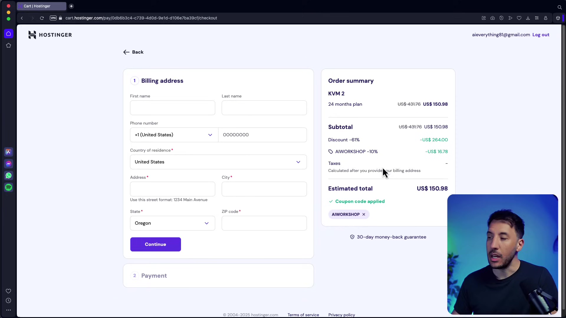 The image displays the Hostinger website's checkout page, specifically the 'Billing address' section. The page is divided into two main columns. The left column contains input fields for 'First name', 'Last name', 'Phone number' (with '+1 (United States)' selected), 'Country of residence*' (with 'United States' selected), 'Address*', 'City*', 'State*', and 'Zip code*'. The 'State*' field shows 'Oregon' selected. A 'Continue' button is at the bottom of this section. The right column shows the 'Order summary' for 'KVM 2', a '24 months plan', with a subtotal of 'US$ 150.98', a '-61%' discount, and an 'AIWORKSHOP -10%' discount of '-US$ 16.78'. It also notes 'Taxes Calculated after you provide your billing address'. The 'Estimated total' is 'US$ 150.98'. A '✓ Coupon code applied' message is visible with 'AIWORKSHOP' listed. A man is visible in the bottom right corner, looking at the screen.