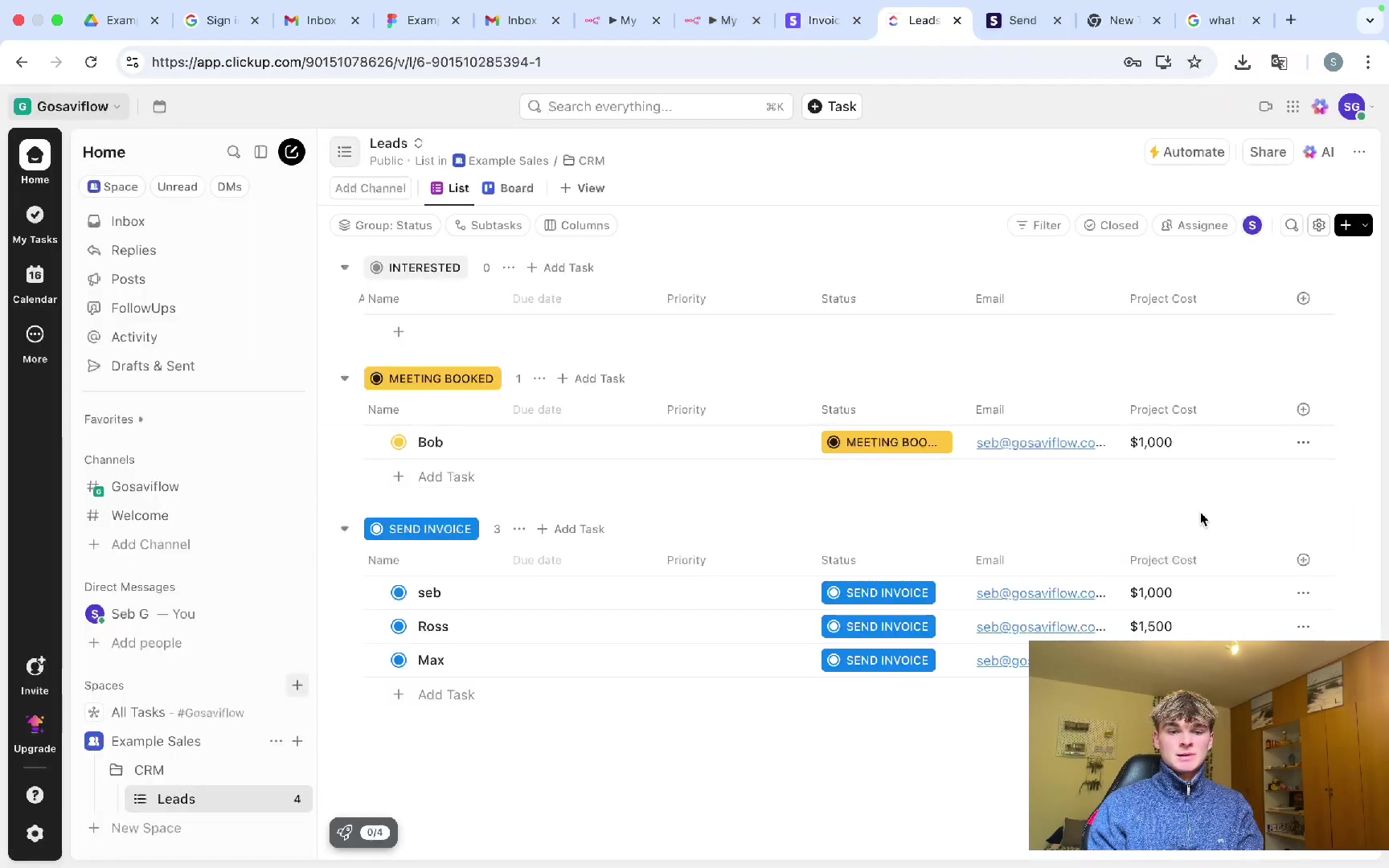 ClickUp Leads list with various task statuses