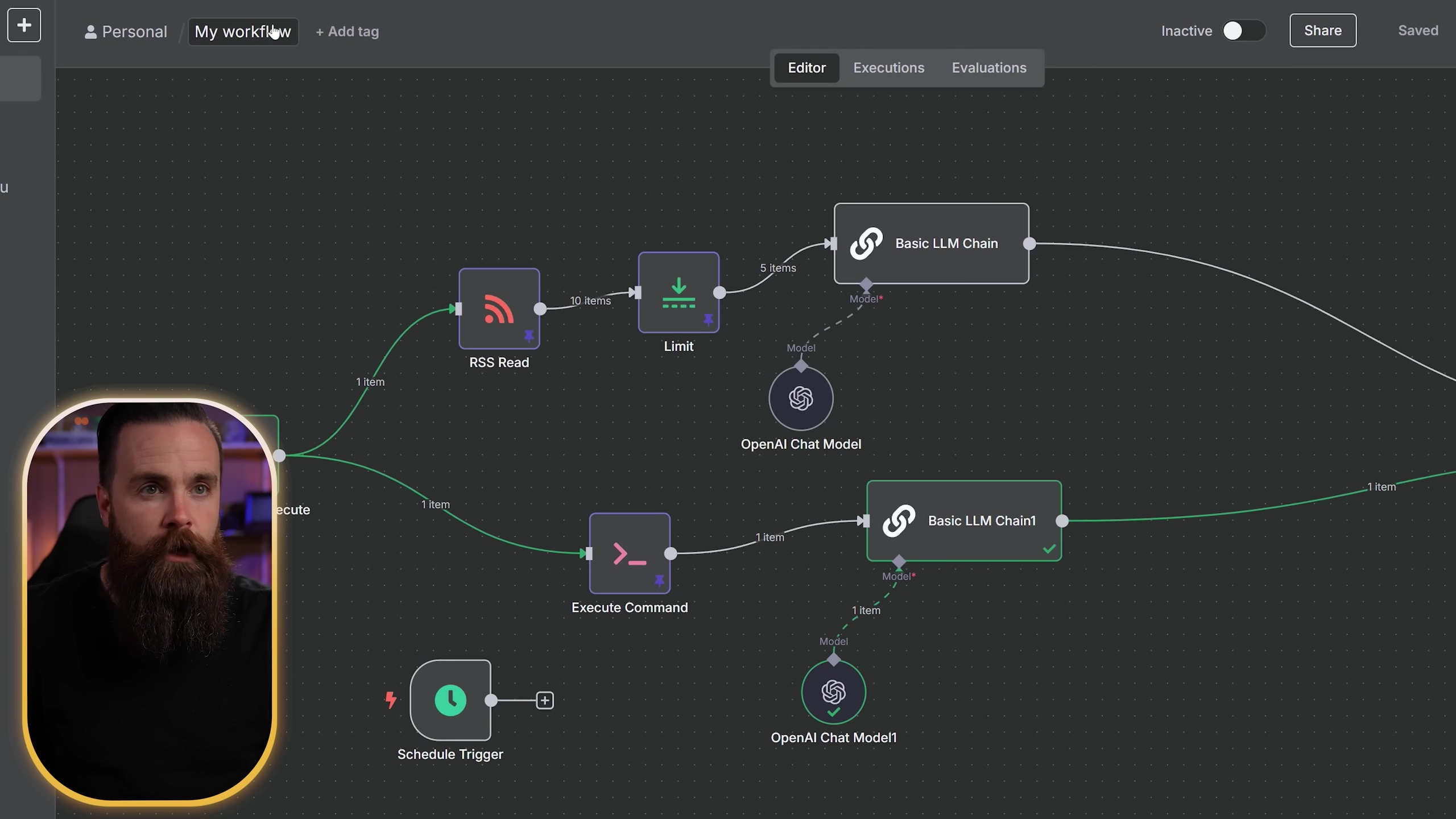 The image displays a dark-themed n8n workflow editor interface. A man with a beard is visible in the lower-left corner, overlaid on the interface. The workflow shows several connected nodes: an 'Execute' node connected to an 'RSS Read' node and an 'Execute Command' node. The 'RSS Read' node is linked to a 'Limit' node, which then branches to a 'Basic LLM Chain' node and an 'OpenAI Chat Model' node. The 'Execute Command' node also connects to a 'Basic LLM Chain1' node and an 'OpenAI Chat Model1' node. A 'Schedule Trigger' node is at the bottom. The top bar includes 'Personal', 'My workflow', '+ Add tag', 'Editor', 'Executions', 'Evaluations' tabs, 'Inactive' toggle, 'Share' button, and 'Saved' status. Lines with arrows indicate data flow between nodes, with some showing item counts like '1 item', '10 items', and '5 items'.