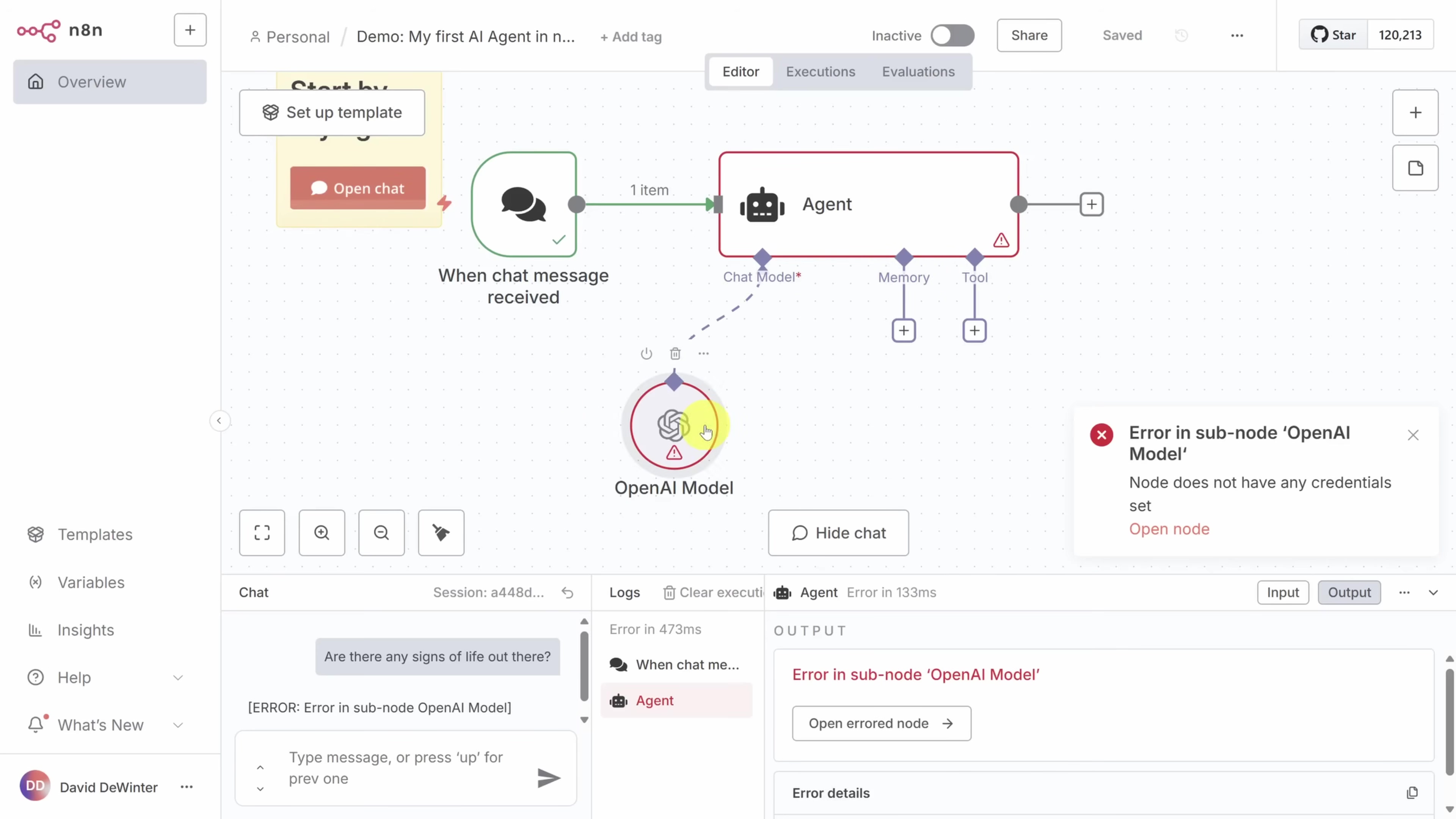 The image shows the n8n workflow editor interface. A workflow is displayed with several connected nodes: 'Start by...', 'Set up template', 'Open chat', 'When chat message received', 'Chat Model*', 'Memory', 'Tool', and 'OpenAI Model'. An error icon (red triangle with exclamation mark) is visible on the 'OpenAI Model' node and an 'Error in sub-node 'OpenAI Model'' notification is present on the right, stating 'Node does not have any credentials set' and suggesting to 'Open node'. Below the workflow canvas, there's a chat interface with 'Session: a48d...', 'Logs', 'Clear execution', 'Agent', 'Input', and 'Output' tabs. A chat message 'Are there any signs of life out there?' is visible, along with an error message 'ERROR in sub-node OpenAI Model' in the output section.