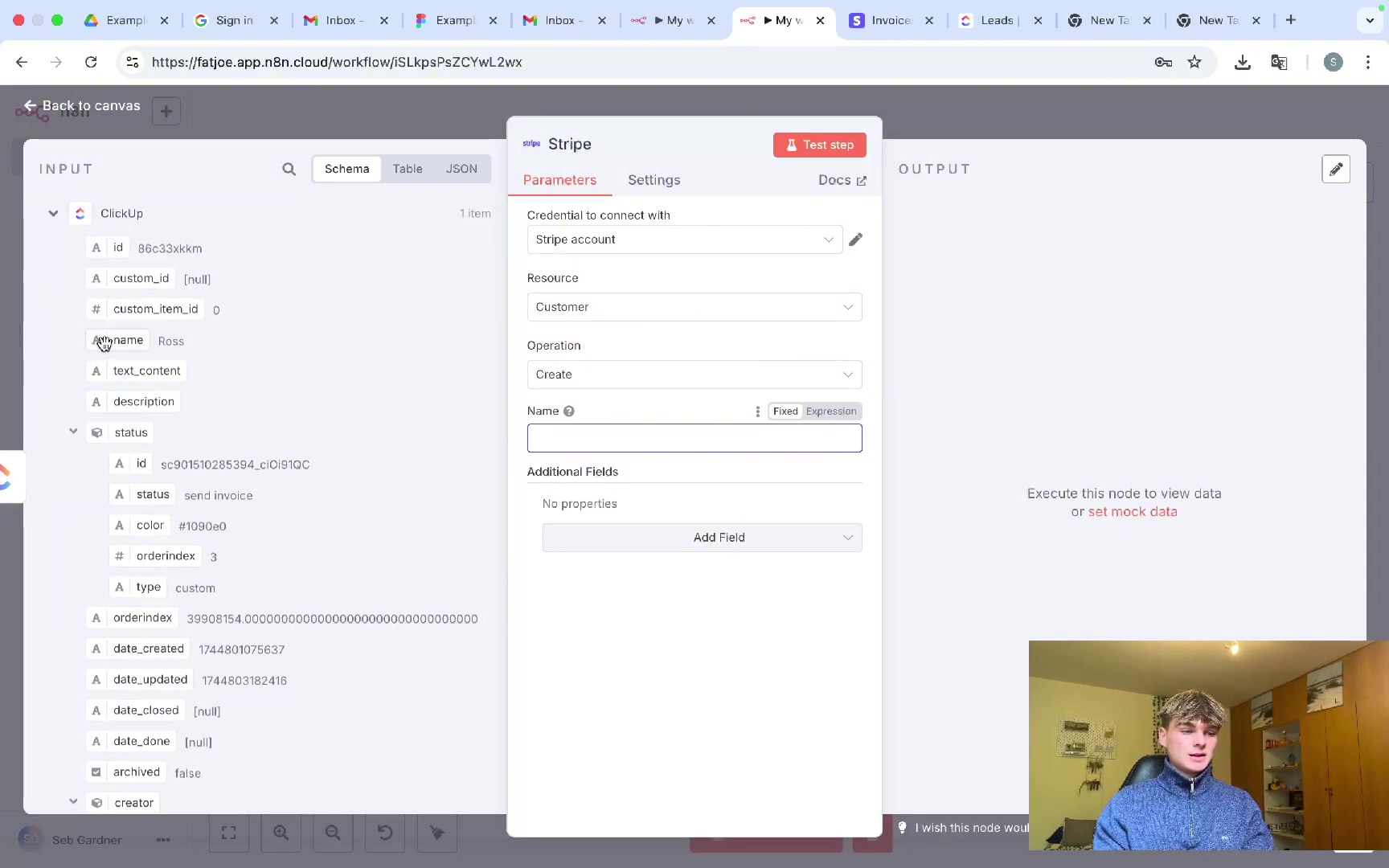 n8n Stripe node configuring customer creation parameters