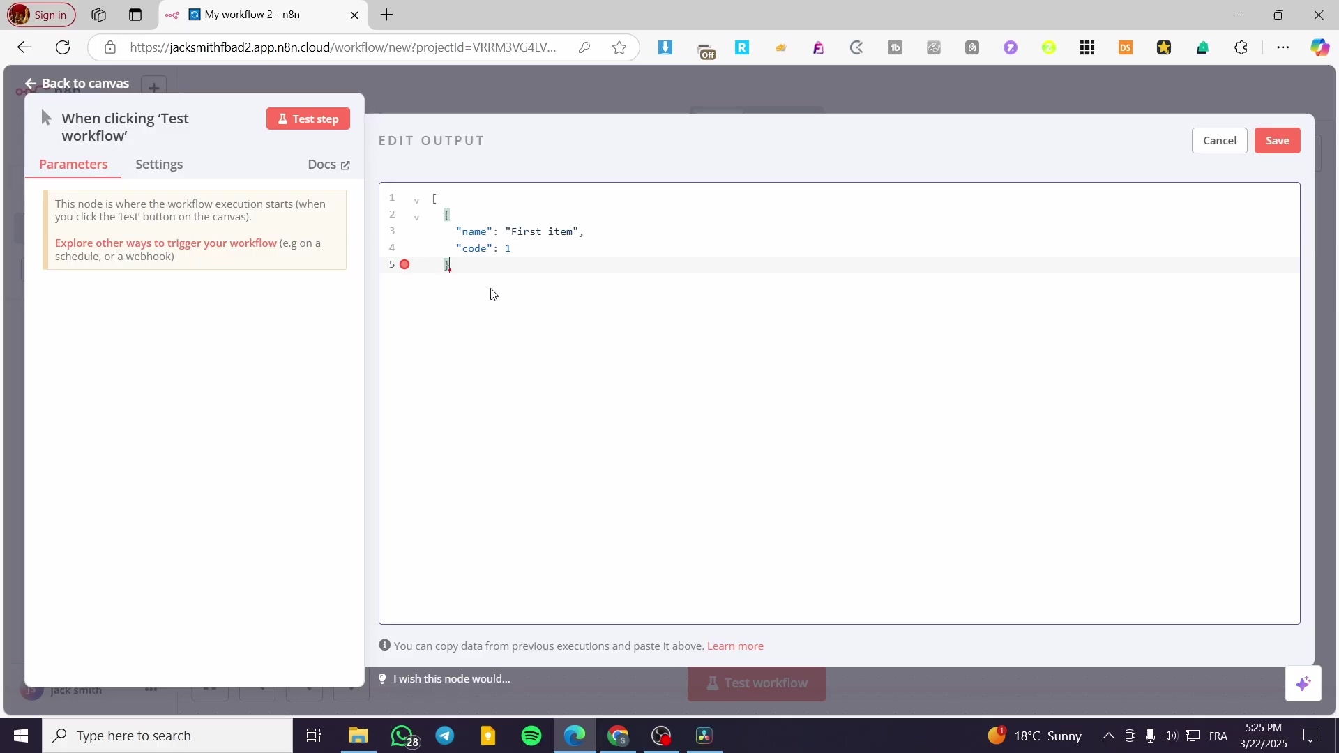 n8n workflow with Start and two Set nodes