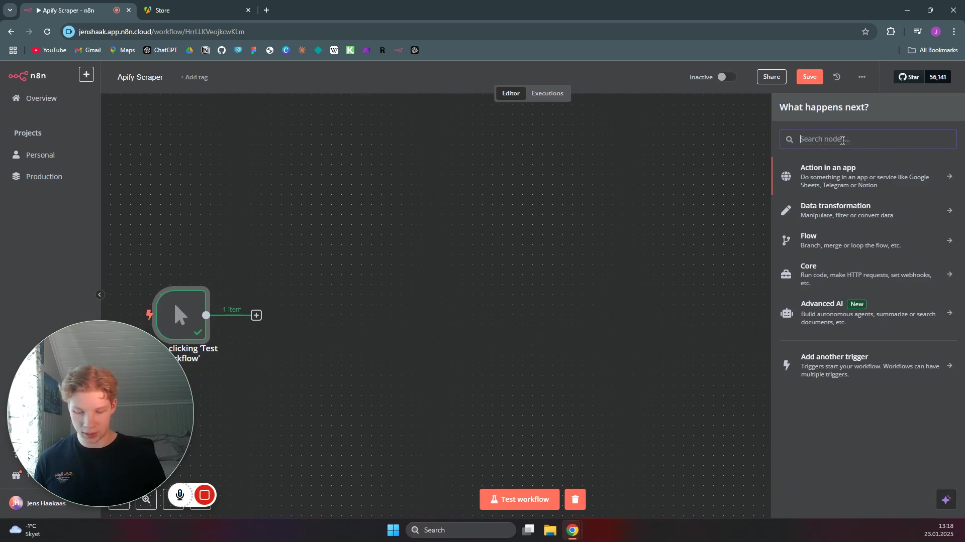The image displays the N8N workflow interface with a sidebar open on the right, titled 'What happens next?'. The sidebar contains a search bar labeled 'Search nodes...' and categories for adding new nodes: 'Action in an app', 'Data transformation', 'Flow', 'Core', and 'Advanced AI'. The 'Advanced AI' category is marked with 'New'. The main workflow area shows a single 'When clicking Test workflow' node connected to a '1 item' output. The male speaker is still visible in the circular webcam overlay, now positioned in the lower left corner. The top browser tabs and navigation elements remain consistent with the previous image.
