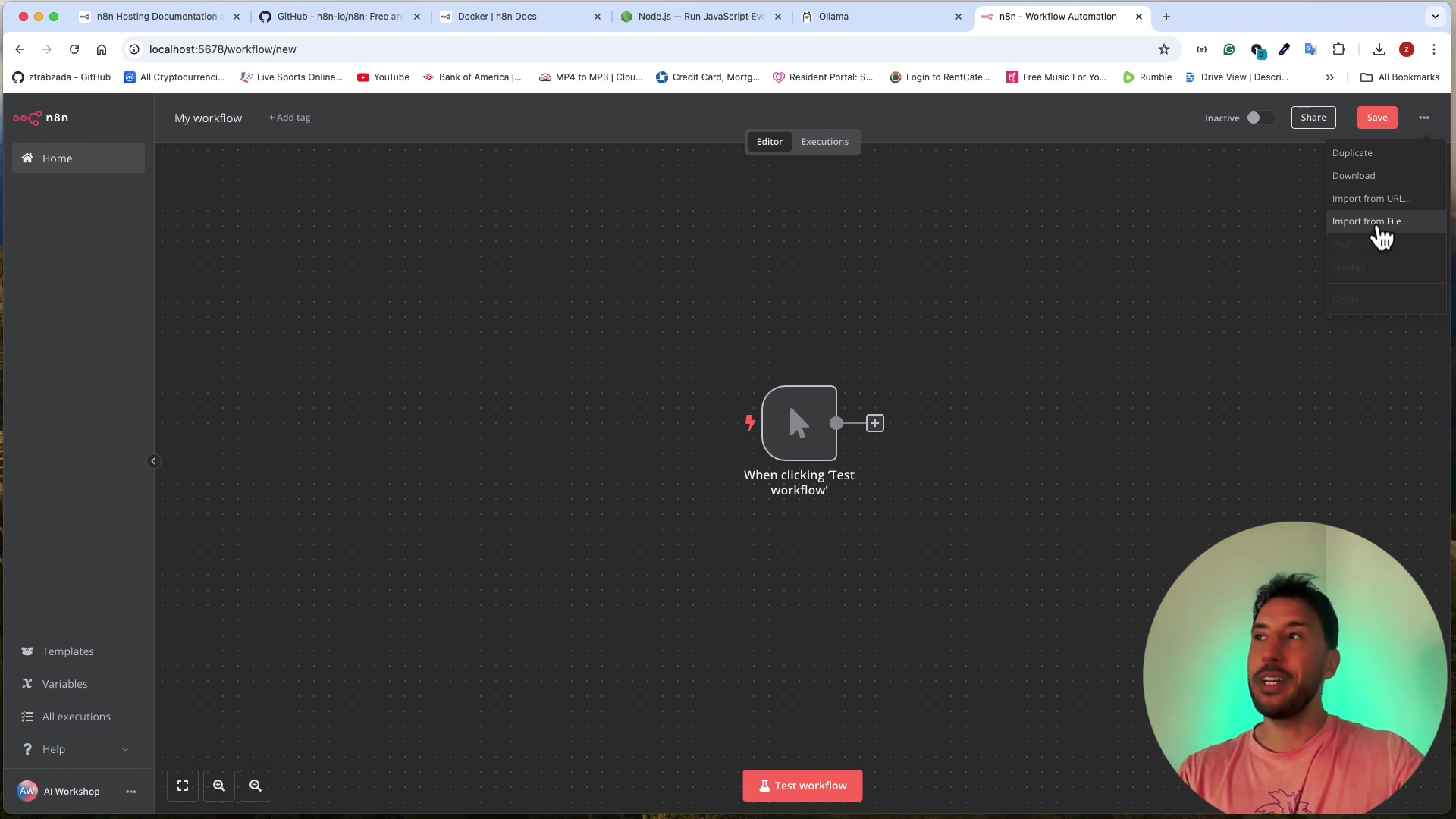 n8n workflow editor with a blank canvas and node options
