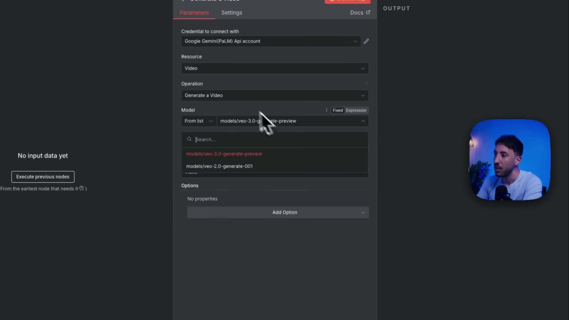 The image displays a software interface, likely a node-based workflow editor, with a panel on the left showing configuration options for a "Generate a Video" node. The panel has two tabs: "Parameters" and "Settings". Under "Parameters," there are fields for "Credential to connect with" (Google Gemini/PaLM API account), "Resource" (Video), "Operation" (Generate a Video), and "Model". The "Model" field is a dropdown showing "models/veo-3.0-generate-preview" as the selected option, with a search bar and other model options like "models/veo-2.0-generate-001" visible below. On the right side of the screen, a person with dark hair and a beard is visible, looking towards the left side of the screen, indicating they are interacting with the software. The background behind the person is a gradient of blue and purple.