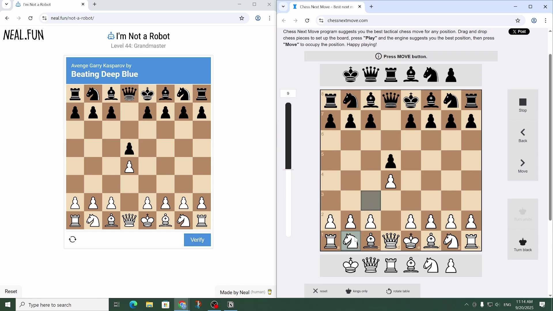 Split-screen showing pawn e2 to e4 move on both game and sol