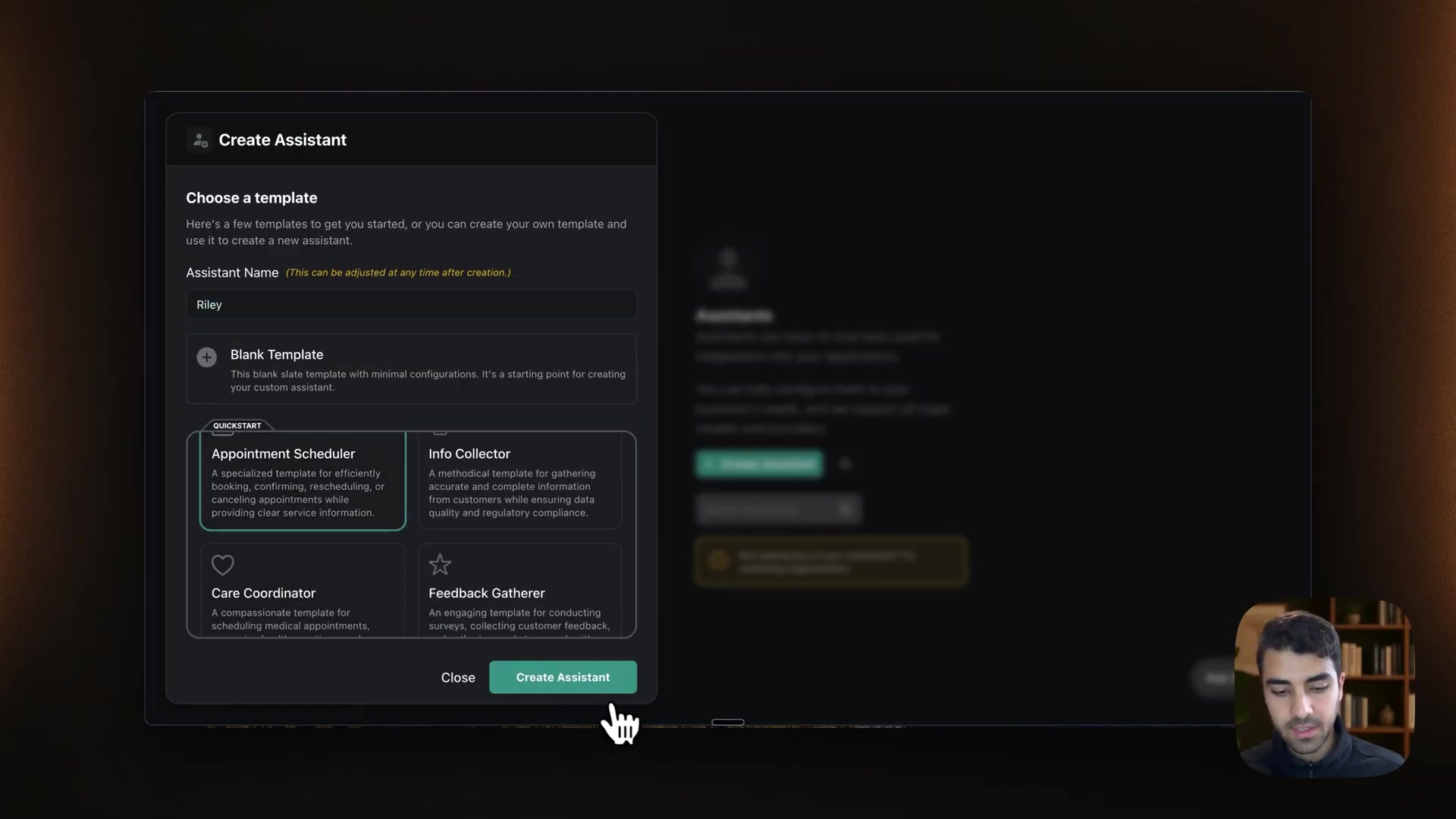 Vapi 'Create Assistant' interface with template options