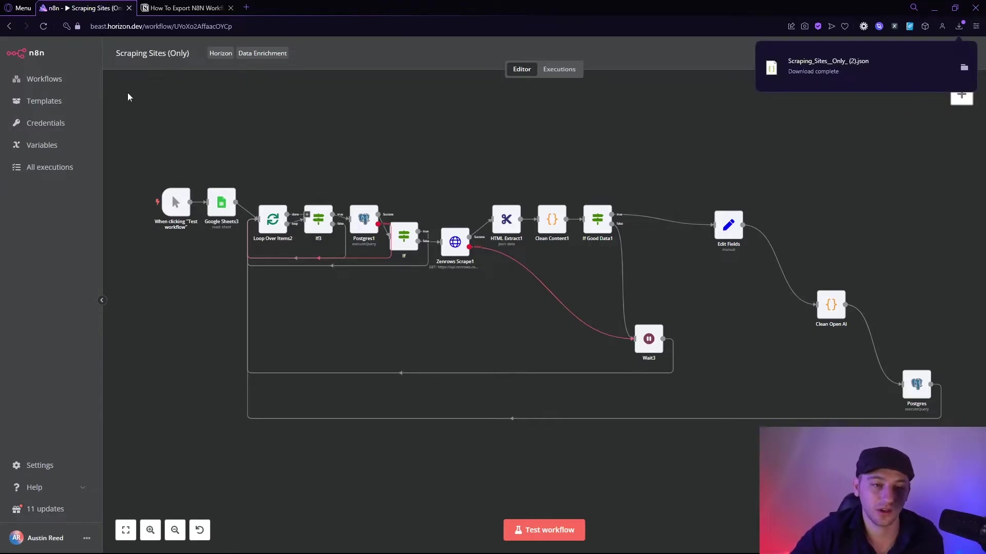 The image displays the n8n workflow automation interface. On the left, a sidebar shows navigation options like 'Workflows', 'Templates', 'Credentials', 'Variables', and 'All executions'. The main area of the screen shows a complex workflow diagram with multiple interconnected nodes, including 'When clicking Test workflow', 'Google Sheets2', 'Loop Over Items2', 'Postgres1', 'Zenrows Scrape1', 'Wait3', 'HTML Extract1', and 'Postgres'. A small pop-up notification in the top right corner indicates 'Scraping_Sites_Only_(2).json Download complete'. The presenter is visible in the bottom right corner, looking at the screen.