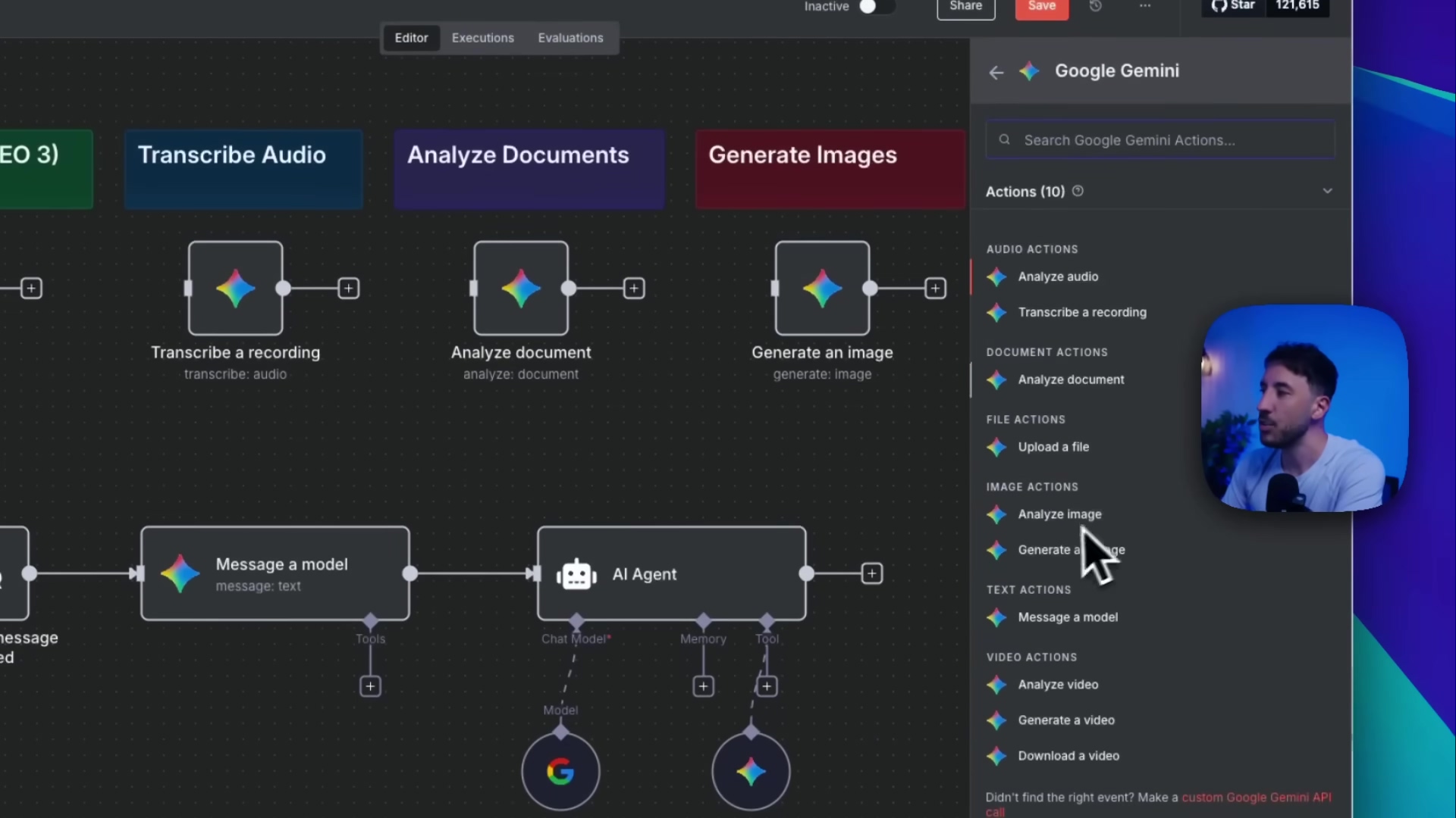 The image displays a section of the n8n workflow editor, focusing on the available Google Gemini actions. On the right side, a sidebar titled 'Google Gemini' lists various actions categorized into 'AUDIO ACTIONS', 'DOCUMENT ACTIONS', 'FILE ACTIONS', 'IMAGE ACTIONS', 'TEXT ACTIONS', and 'VIDEO ACTIONS'. Specific actions visible include 'Analyze audio', 'Transcribe a recording', 'Analyze document', 'Upload a file', 'Analyze image', 'Generate image', 'Message a model', 'Analyze video', 'Generate a video', and 'Download a video'. The main workflow area shows interconnected nodes such as 'Transcribe a recording', 'Analyze document', 'Generate an image', 'Message a model', and 'AI Agent'. A man is visible in a circular overlay at the bottom right, looking at the screen. The interface uses a dark theme.