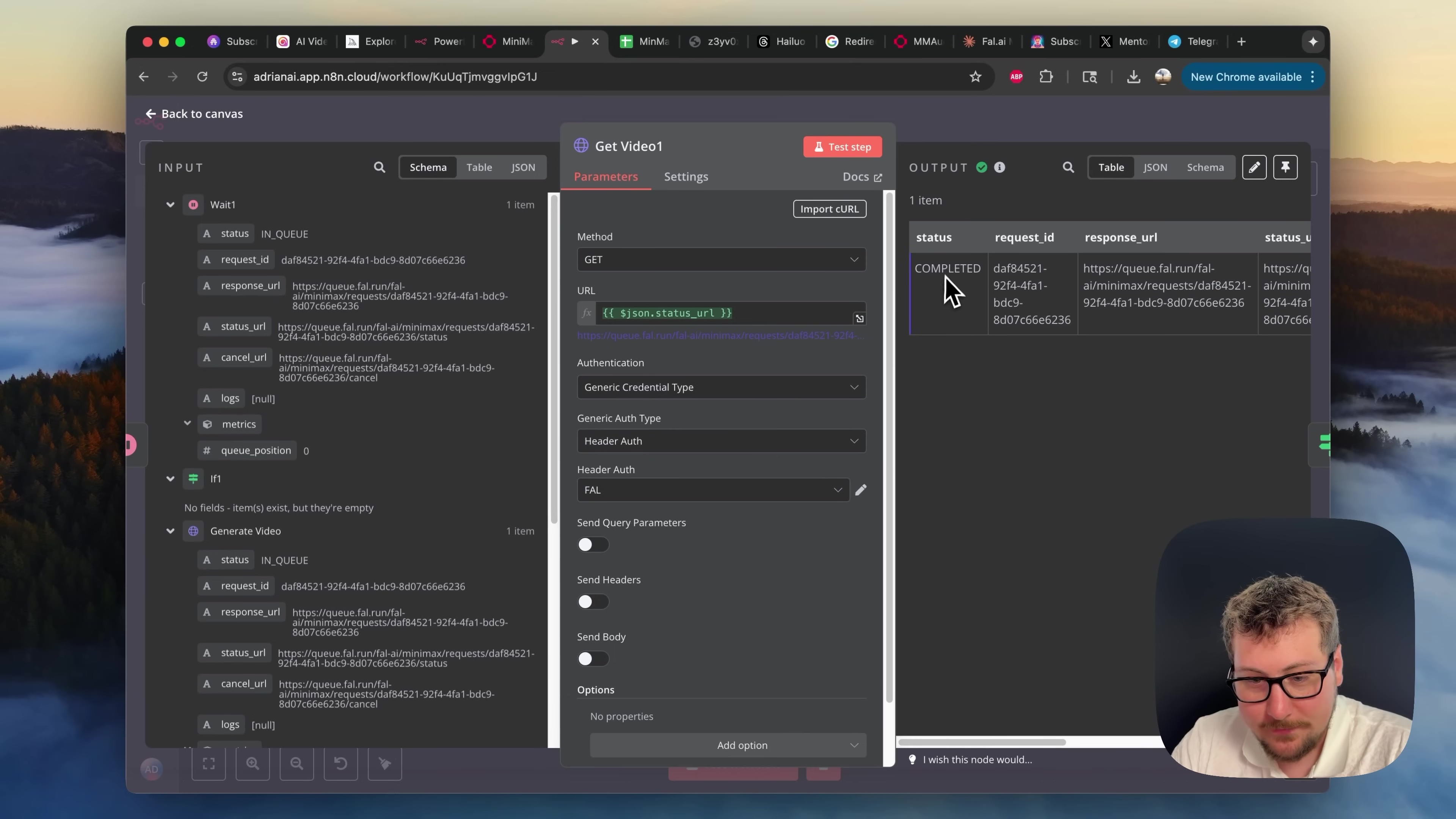 The image displays a software interface, likely a node-based automation tool, with a man's face partially visible in the bottom right corner. The interface shows a 'Get Video1' node in the center, with 'Input' and 'Output' sections on the left and right, respectively. The 'Get Video1' node has tabs for 'Parameters', 'Settings', 'Docs', and 'JSON'. The 'Parameters' tab is active, showing fields like 'Method' (GET), 'URL' (with a dynamic variable {{ $json.status_url }}), 'Authentication', 'Generic Credential Type', 'Generic Auth Type', 'Header Auth', 'Send Query Parameters', 'Send Body'. The 'Input' section on the left lists several items, including 'Wait1' and 'Generate Video', each with 'status', 'request_id', 'response_url', 'status_url', 'cancel_url', 'logs', and 'metrics'. The 'Output' section on the right shows a table with 'status', 'request_id', 'response_url', and 'status_url' columns, indicating 'COMPLETED' status for one entry. The overall color scheme is dark gray with purple and green accents. A web browser interface is visible at the top with multiple tabs open.